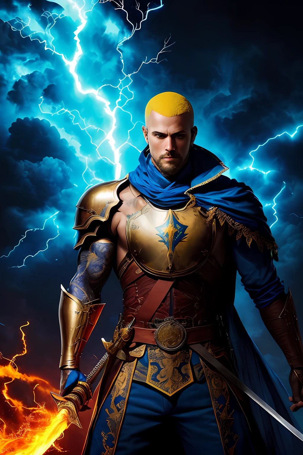 (papel de parede 8k extremamente detalhado), a medium shot photo of a Gentleman with a Sword of Fire, medroso, intrincado, alto detalhe, dramatic, Cor Azul e Vermelho e Amarelo, Deus, com cara de raiva, Lightning and thunder