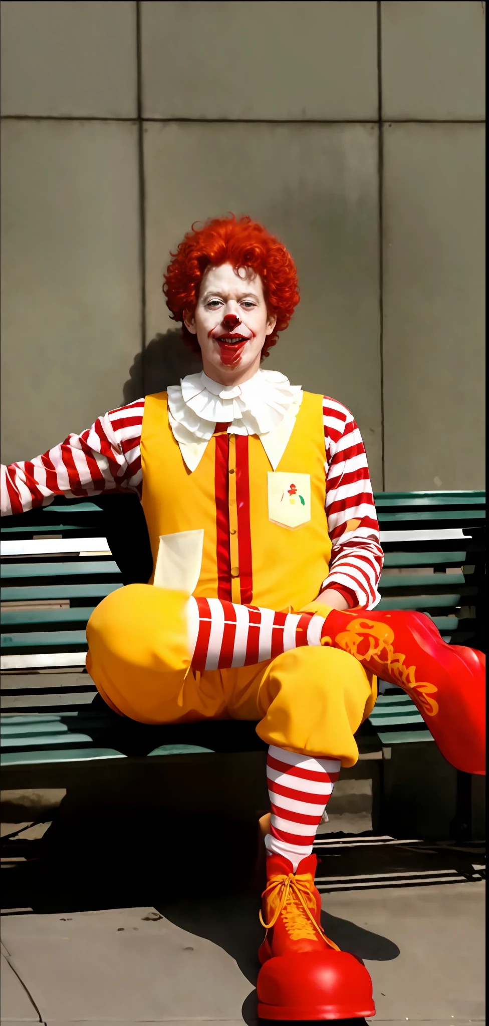 clown dressed in red wig and striped shirt of clown ronald mcdonalds, clown painted face, sentado em um banco, ronald mcdonald, Imagem de Ronald McDonald, Ronald McDonald como um Muppet, pauline hanson as a clown, Penteado vermelho Ronald McDonald, red ronald mcdonald messy hair, Cabelo vermelho de Ronald McDonald, capitalist clown, Mcdonald, wearing accurate clown makeup, communist clown, Stephen King como Pennywise, the clown is far from the camera, sharp facial features