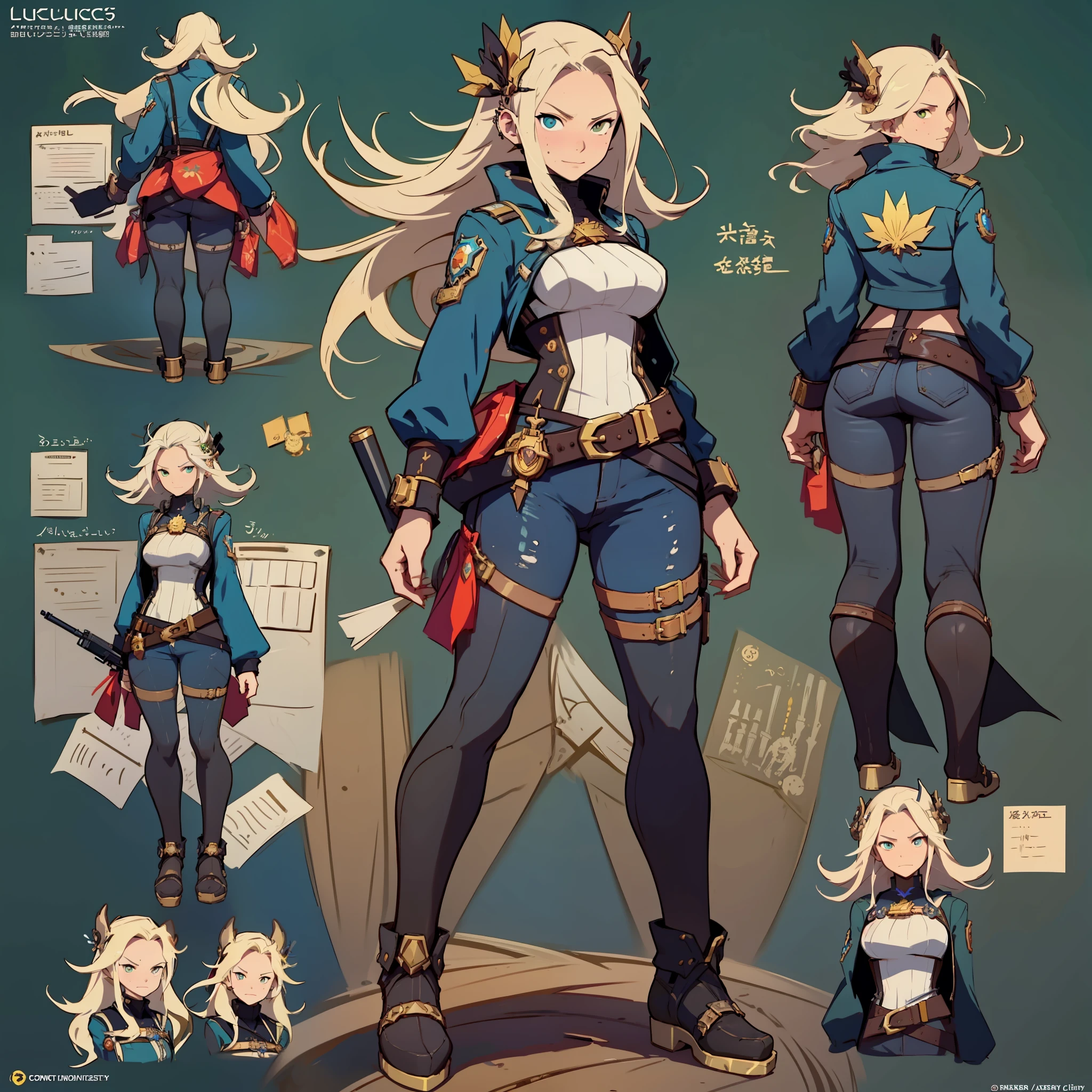 Close-up of a man in a gun costume, ((character concept art)), tall figure, ((character design sheet, same character, front, side, back)), maple story character art, video game character design, video game character design, maple story gun girl, girl wearing cute cartoon bunny hairpin on her head, yellow glowing decoration on girl's clothes, expert high detail concept art, metal bullet concept art, funny character design, Lucio as a woman, gravity rush inspiration, Viscous tar. Concept art, belt buckle at waist, steampunk weapon,