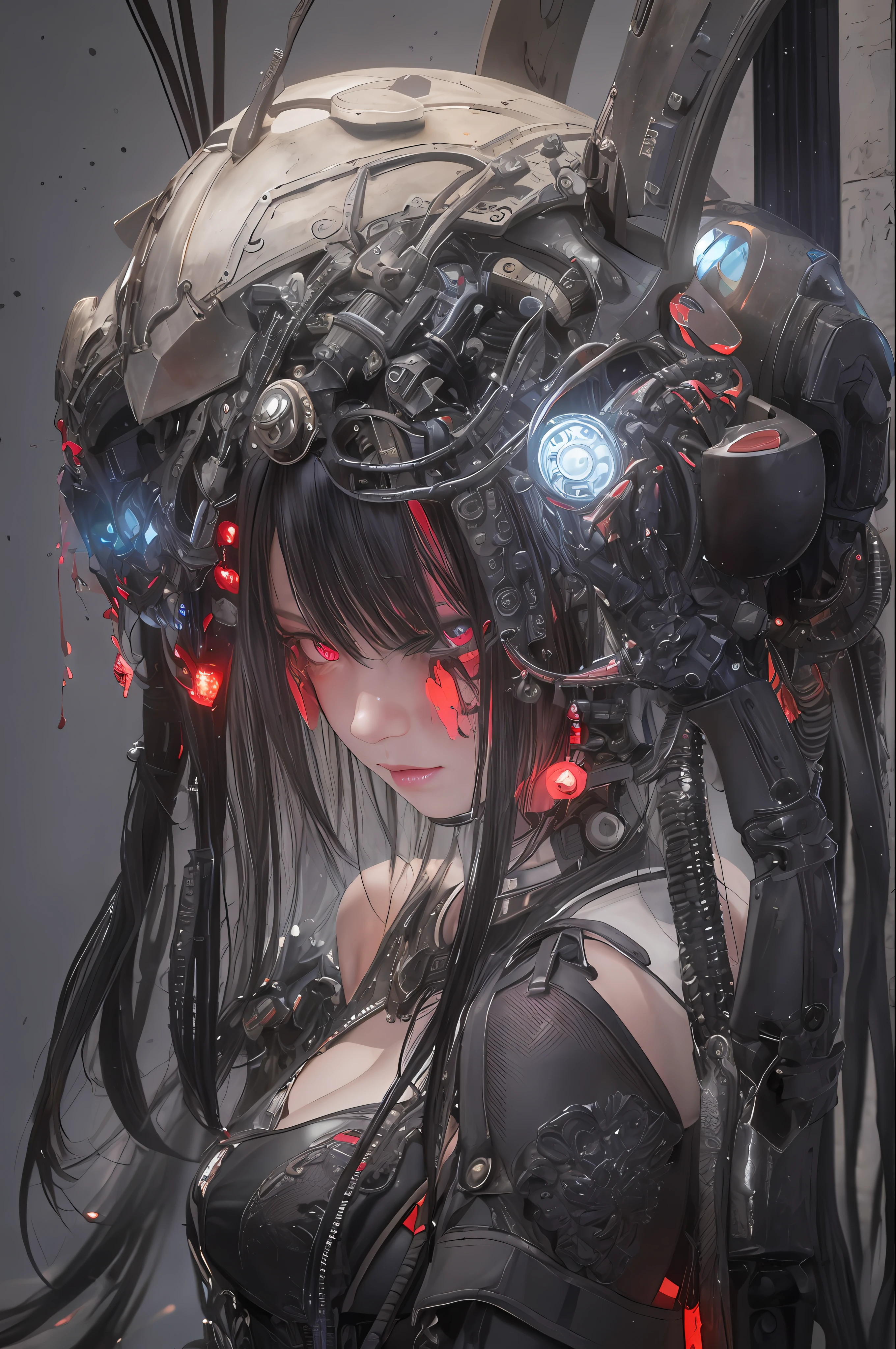top-quality、​masterpiece、超A high resolution、(Photorealsitic:1.4)、Raw photo、女の子1人、Black hair、glowy skin、1 Mechanical Devil、large metal wings、Metal corners、((super realistic details))、portlate、globalillumination、Shadow、octan render、8K、ultrasharp、Colossal tits、Raw skin is exposed in cleavage、Black fiberglass body、Details of complex ornaments、About Cyberpunk、Glowing LEDs、IC chips、Data Links、Hydraulic cylinder、highly intricate detail、Realistic light、Red eyes、radiant eyes、Facing the camera、neon details、Mechanical limbs、blood vessels connected to tubes、Mechanical vertebrae attached to the back、mechanical cervical attaching to neck、cowboy  shot、Wires and cables connecting to the head、Luminous tube、Small LED lamp、Sumerian details、
