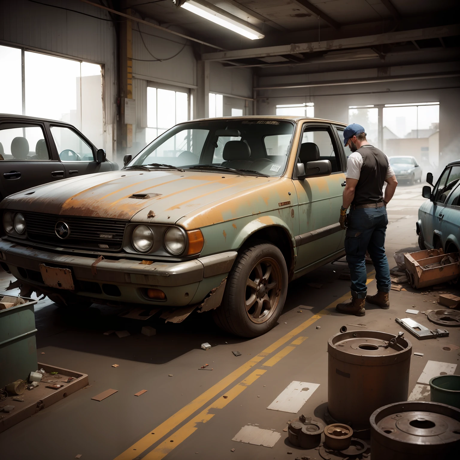mechanic looking for battered car scrap parts