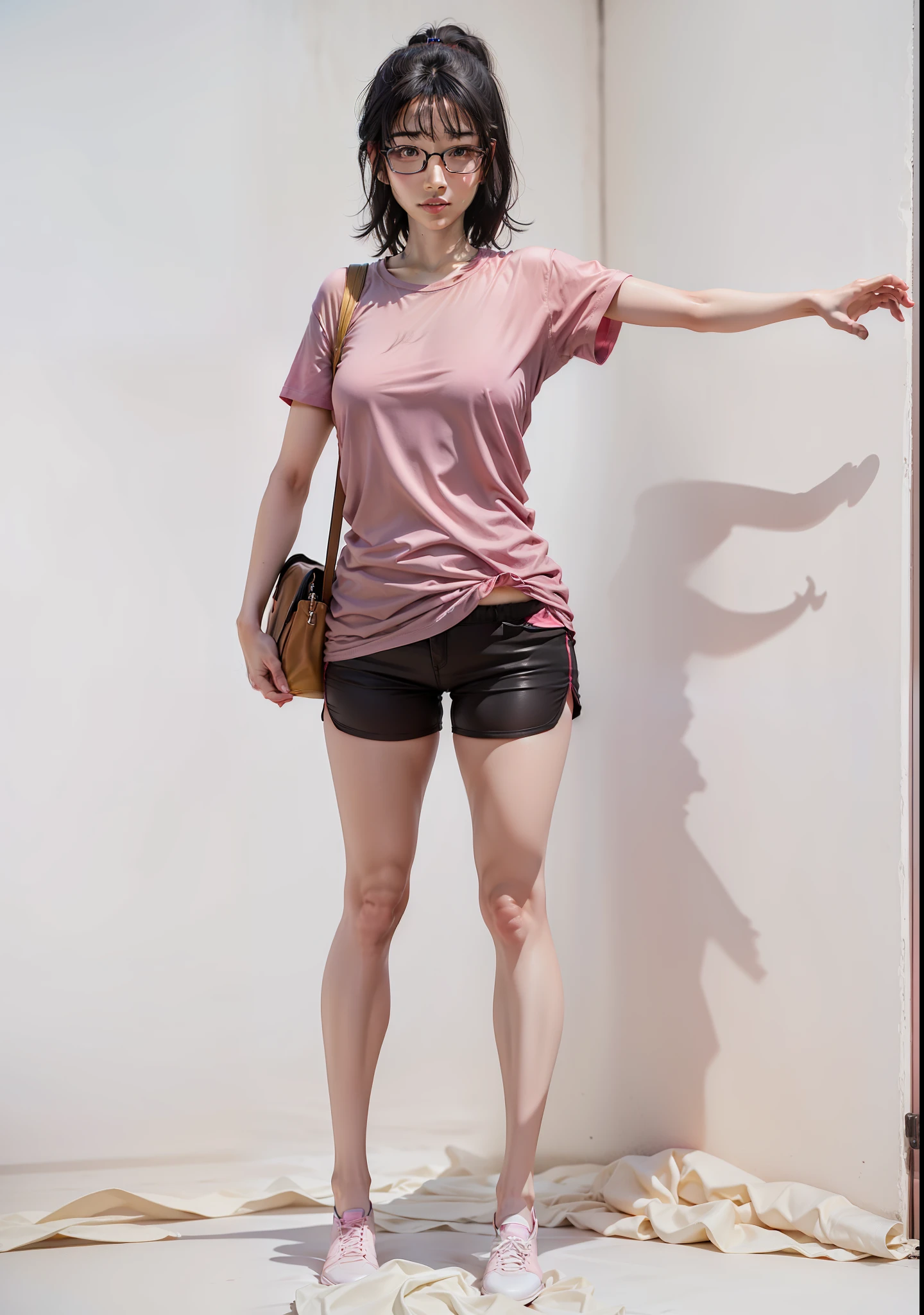 1gril, beautiful girl, fair skin, sweaty skin, sexy body, wearing a pink T-shirt, black hair, red glasses, small shorts, ultra detail, realistic