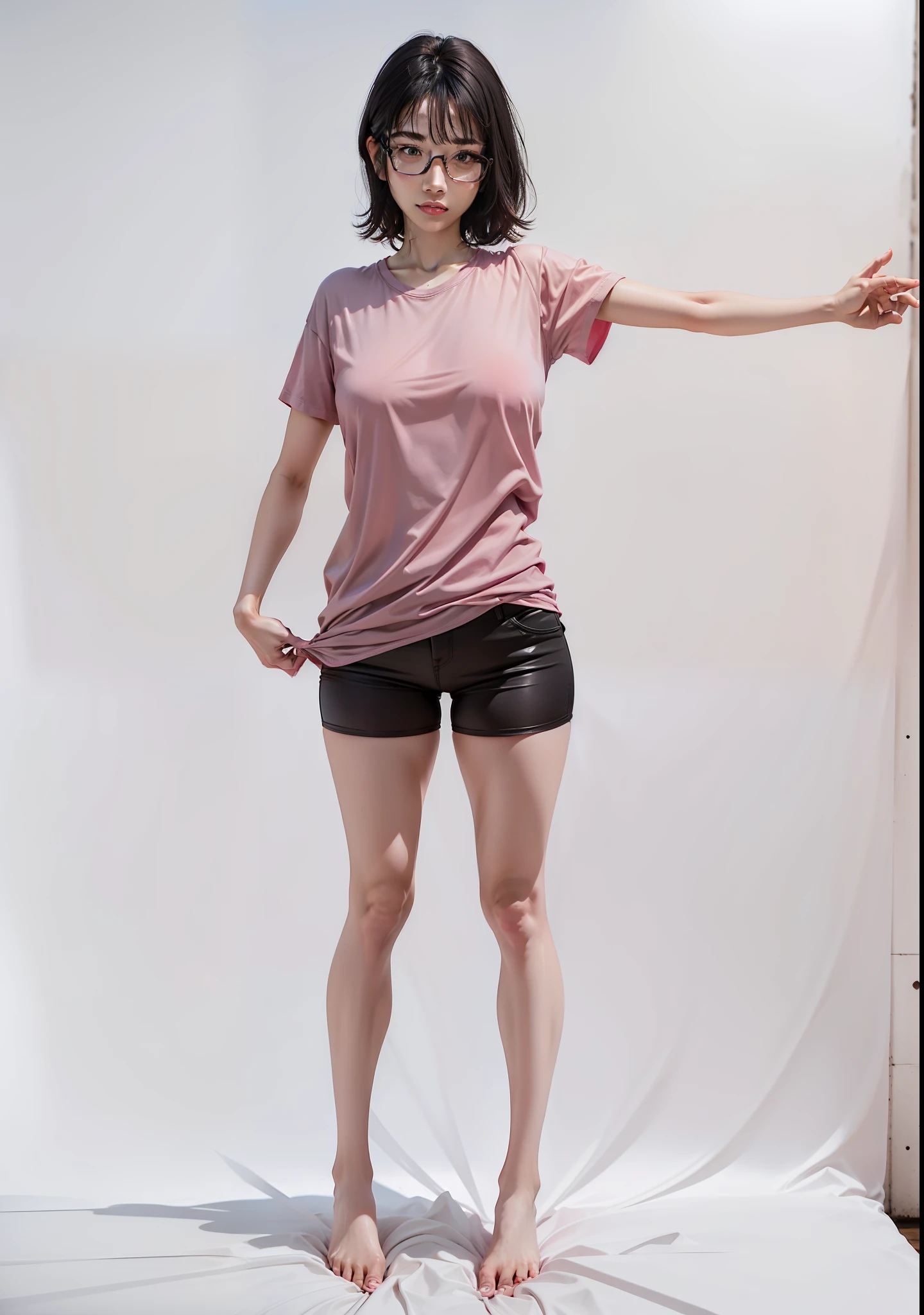 1gril, beautiful girl, fair skin, sweaty skin, sexy body, wearing a pink T-shirt, black hair, red glasses, small shorts, ultra detail, realistic