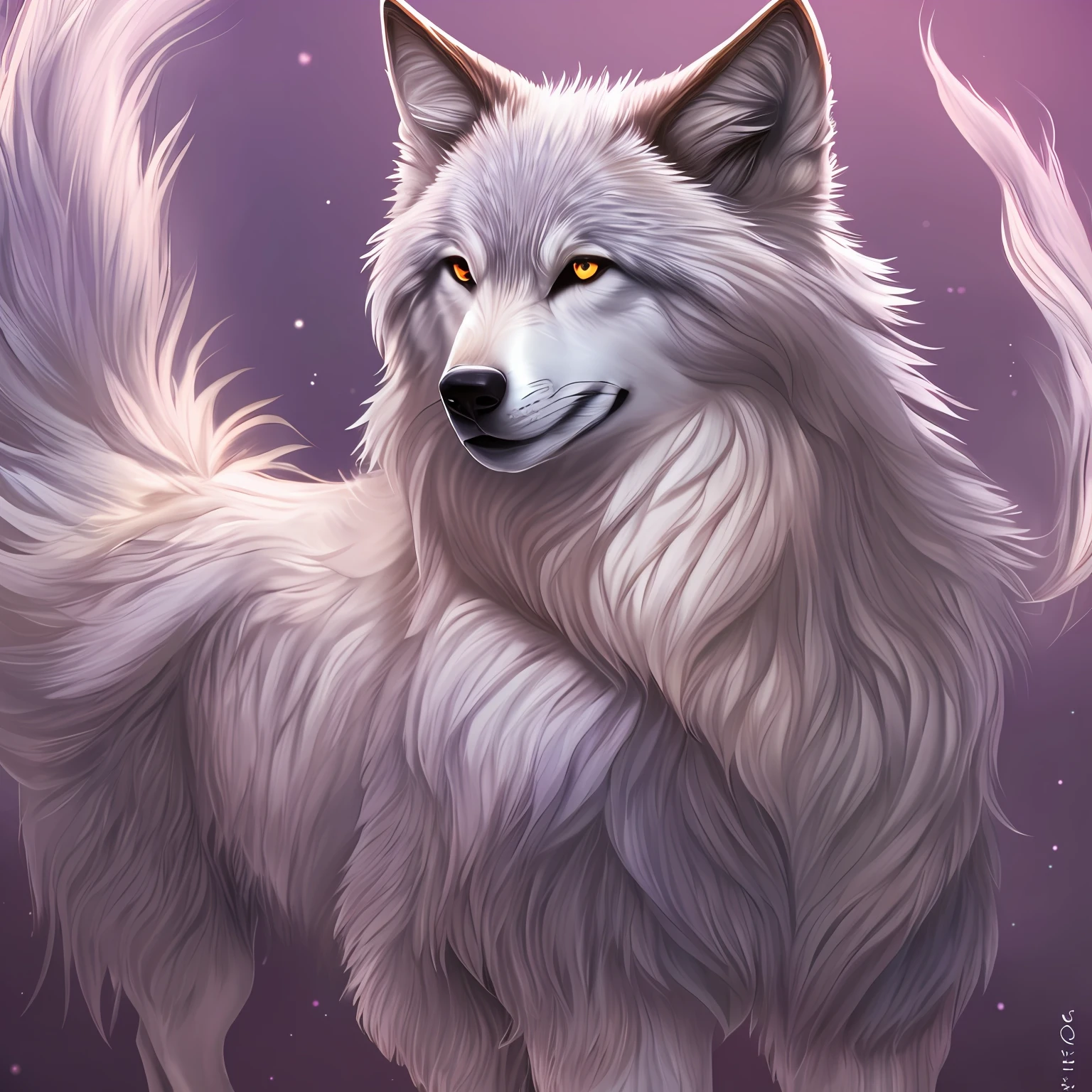 female body wolf, purple fur, long silver claws, arms outstretched, howl humain face, black skin, pink eyes, pink lips, prominent silver canine --auto --s2