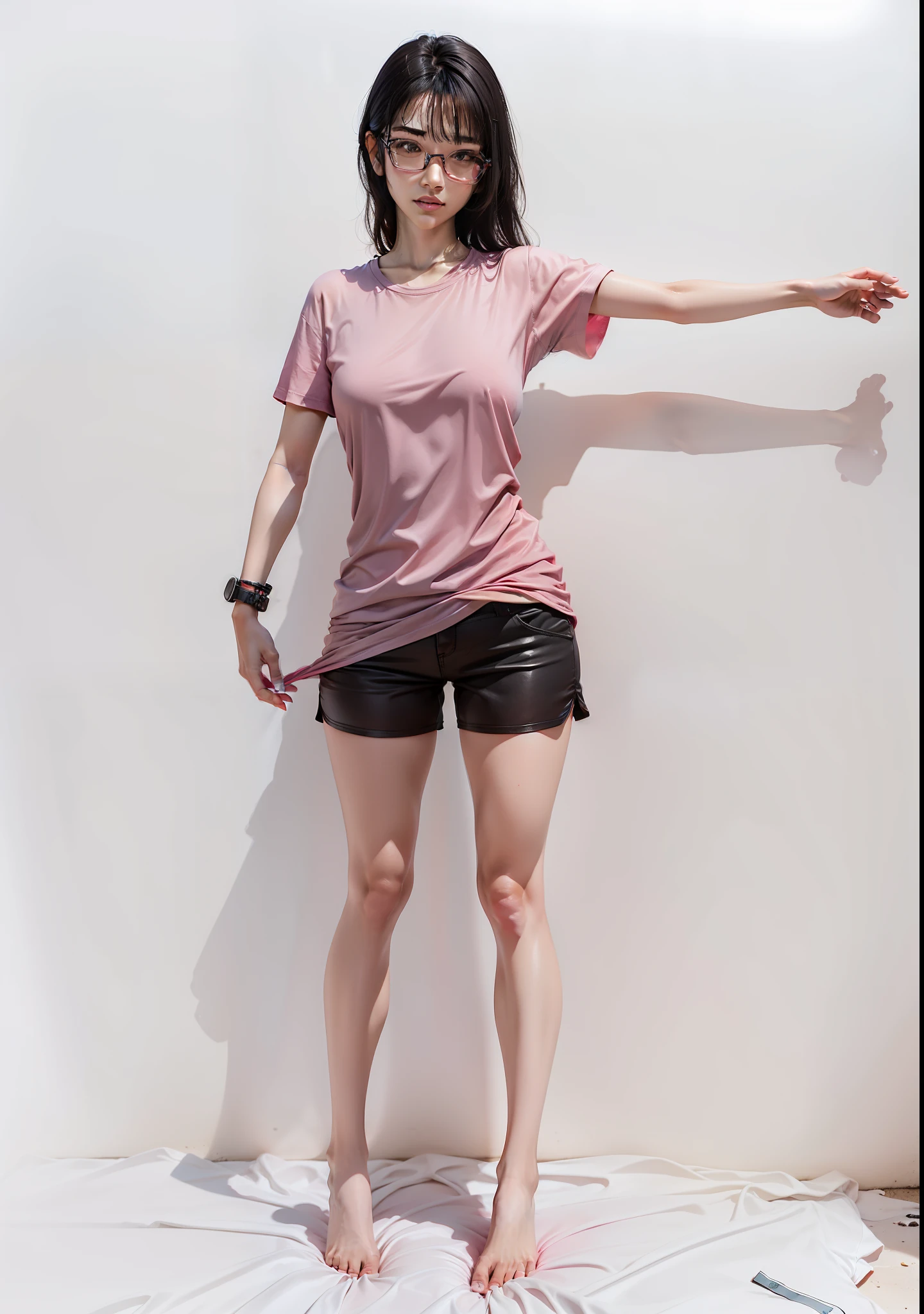 1gril, beautiful girl, fair skin, sweaty skin, sexy body, wearing a pink T-shirt, black hair, red glasses, small shorts, ultra detail, realistic