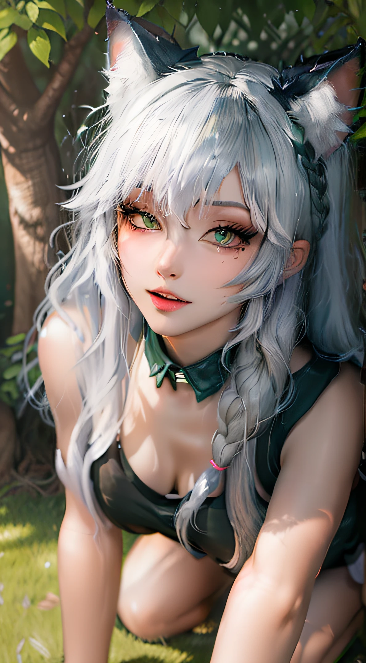 ((Best quality, 8k, Masterpiece :1.3)), open sky, night light, night sky, natural night light, pretty woman, catgirl, platinum hair with green highlights, a single long braid, long white cat tail, cat ears, massive firm breasts , (firm abs, slender figure :1.1), wide hips, long floating hair, sleepwear, random color, ultra-detailed face, detailed lips, detailed eyes, double eyelid, lawn, lush greens, outdoor camp, outdoor bed, camp fire, gasping face, kneeling on all fours, gym shorts, loose shorts