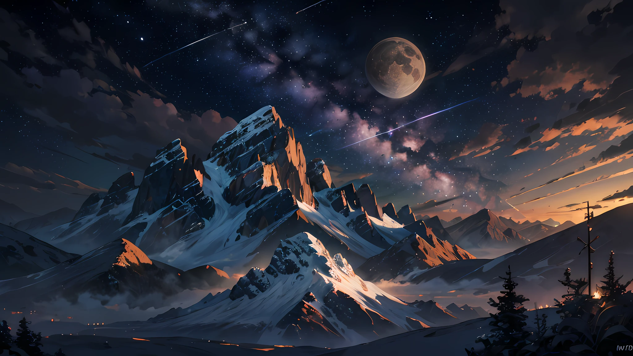 Expansive landscape photograph,(moon full:1.2),(meteors:0.9),(Starcloud:1.3),Far Mountain, Tree BREAK making art,(Warm light source:1.2),(glowworm:1.2),lamp lights,Lots of purple and orange,Complicated details,Volumetriclighting,Realism BREAK(tmasterpiece:1.2),(best qualtiy),8K,Ultra-detailed,(dynamic compositions:1.4),The is very detailed,Colorful details,(Irridescent color:1.2),(luminouslighting,Atmospheric lighting),dream magical,magical,(独奏:1.2),((best qualtiy)), ((tmasterpiece)), (the detail:1.4),depth of fields,maximum definition and sharpness,perfectly proportions,Fluttering clouds,Wallpapers