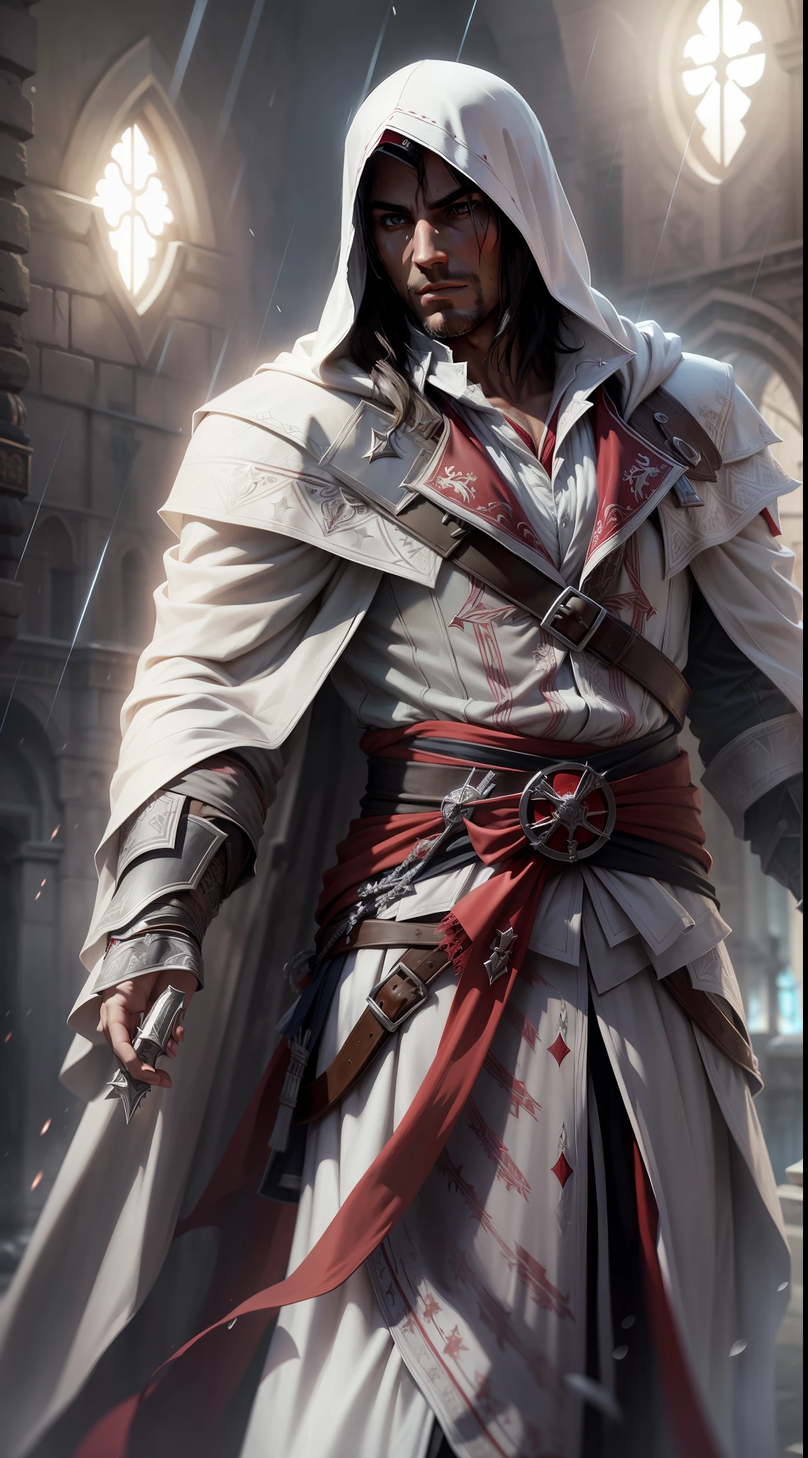 Ezio Auditore, Assassins Creed, white assassin robe, hidden blades, full body, rain, Roma, tearing up, despair, Renaissance, drop shadow, reflection light, god rays, sparkle, border, award winning, high quality, super detail, anatomically correct, masterpiece, highres, 8k, atmospheric perspective, masterpiece