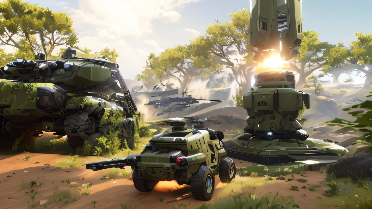 There is a large military vehicle in a screenshot of a high-definition 4K game parked on the grass,Halo warthogs full of new cars,Intergalactic citizen halo in PS4 screenshot,beautiful screenshot,discarded mech in background,research outposts,high quality screenshot,Star Citizen Origin 100i。