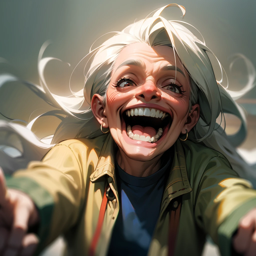 dynamic scene. The crazy old ufoman laughs, smiles and walks straight at you with outstretched arms. Tousled long gray hair sticking out in all directions. Dirty and old clothes. Warm pastel washed out colors. Close-up Disney Pixar Cartoon style Photorealistic Cinematic. Dark Blurred background Fantasy Light haze --auto --s2