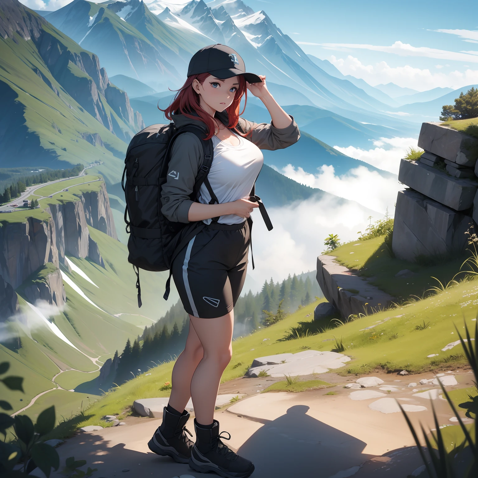 (masterpiece, best quality, ultra HD, 8k, wallpaper), cinematic view, full body view, front view, red hair, perfect body, perfect anatomy, curvaceous, alluring, perfect hands, perfect eyes, detailed eyes, large breasts, long round legs, round ass, a tenacious female mountain hiker, aged in her late 20s or early 30s, stands proudly on a rocky outcrop amidst a breathtaking, rugged mountain landscape, she sports a functional yet stylish ensemble, including a high-performance, waterproof hiking jacket in earthy tones, a comfortable moisture-wicking shirt that slightly shows her cleavage, durable hiking shorts, sturdy ankle-high boots, and a compact backpack equipped with a hydration system, completing her outfit are a sporty cap, sunglasses, and a wristwatch, the magnificent mountain range in the background, shrouded in mist and cloaked with lush greenery, adds an untouched beauty of nature to the scene, amongst rugged rocks and colorful wildflowers in the foreground, she conquers the rocky peak, evoking a sense of wonder, determination, and serenity