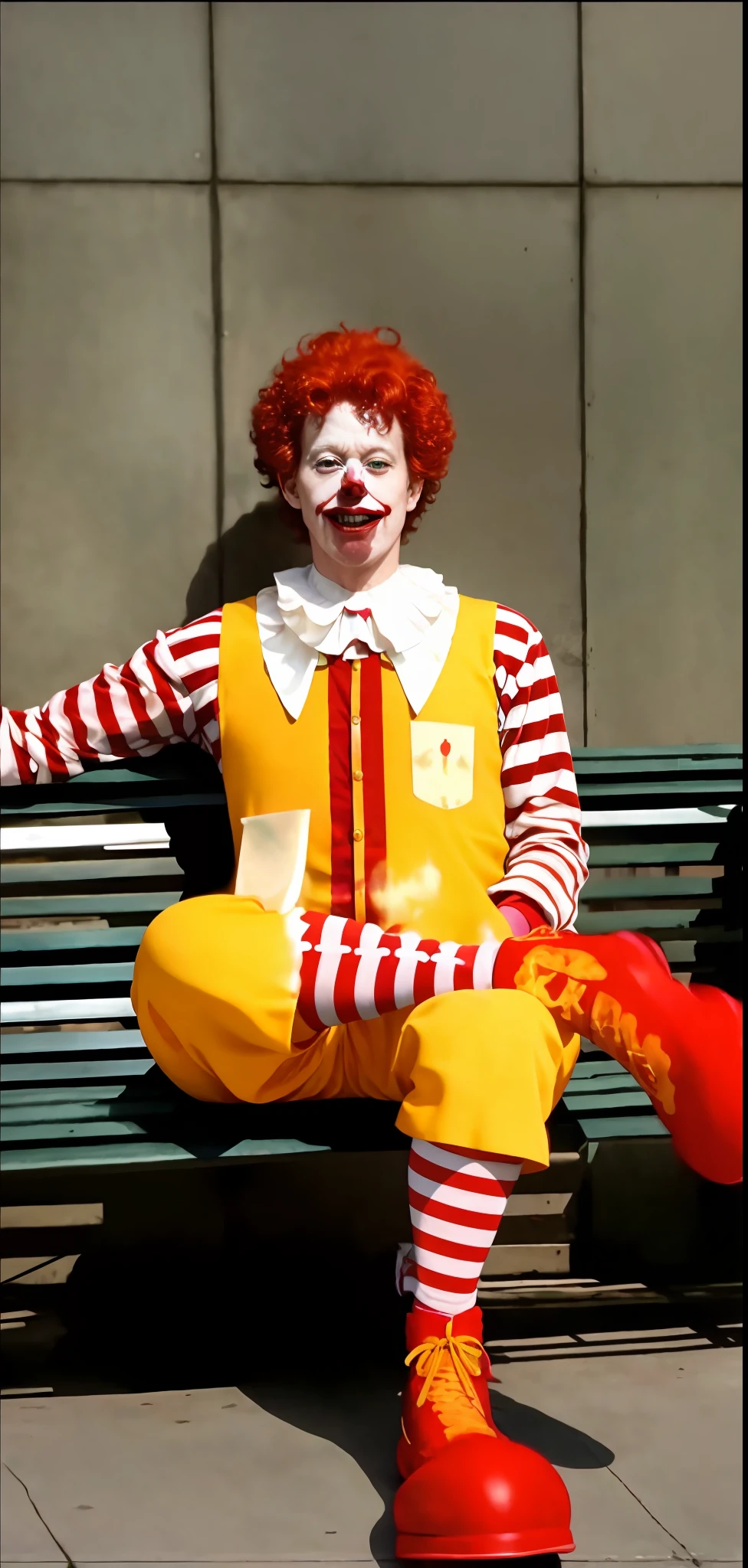 clown dressed in red wig and striped shirt of clown ronald mcdonalds, clown painted face, sentado em um banco, ronald mcdonald, Imagem de Ronald McDonald, Ronald McDonald como um Muppet, pauline hanson as a clown, Penteado vermelho Ronald McDonald, red ronald mcdonald messy hair, Cabelo vermelho de Ronald McDonald, capitalist clown, Mcdonald, wearing accurate clown makeup, communist clown, Stephen King como Pennywise, the clown is far from the camera, sharp facial features