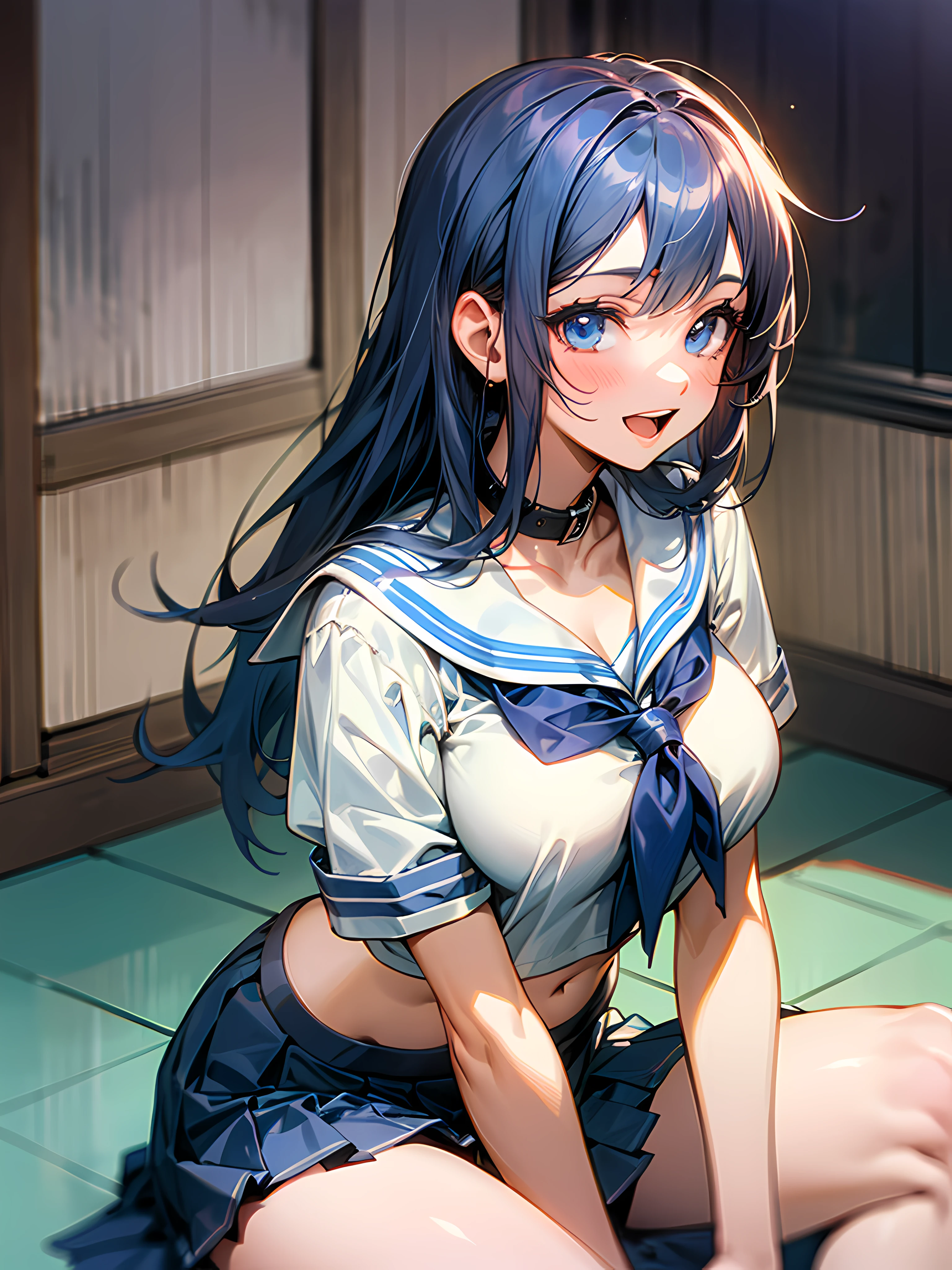 1girll, sitting down on the floor, Place your phone to your ear, Blowing hair, Long hair, blue color eyes,Shining eyes,Detailed eyes,Skirt, Solo, upper legs, Sailor school uniform, navel, Pleated skirt, midriff, Blue eyes, White shirt, Collar, Smile, Medium breasts, view the viewer, Open mouth,,Large breasts,