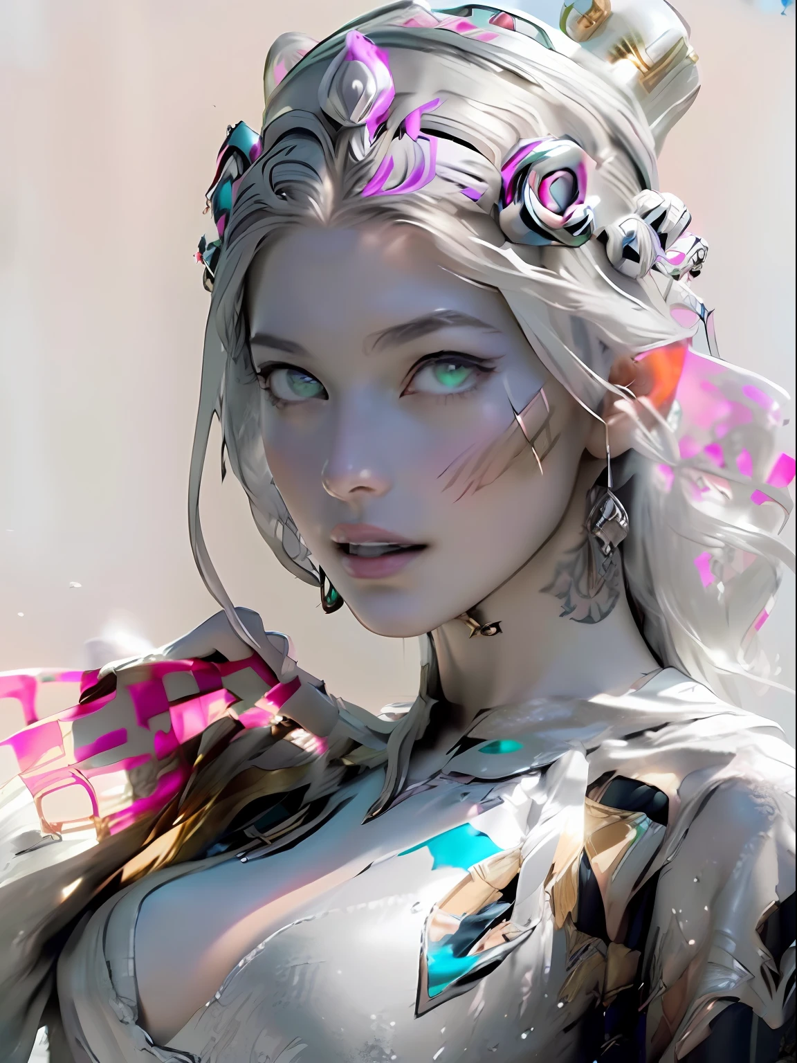 Ultra-detailed complex 3D rendering of the face, (masterpiece, top quality, octane rendering,), glamour shots full body image, very beautiful young elves, cleavage, (highly detailed skin: 1.2), (exposure: 1.1), ((blue micro bikini: 1.95)))). , 8k, (((very soft breasts)), (((conspicuous large pink areola)), beautiful Caucasian woman with white skin with full soft breasts with big buttocks, one, long braided hair, big breasts, dynamic angles, (((huge breasts: 2.4)), ultra-realistic photos, ((((((silver hair)))), futuristic urban background, facial muscles, (((((detailed and glamorous silver crown)))), In the style of Marvel Comics, ArtStation Trends, Clear Focus, Intricate Details, Very Detailed, Detailed Green Eyes, Sharp Focus, Digital Rendering, Professional, Abs, Lip Gloss, Glossy Skin, Sexy Pose, Golden Tattoo All Over Body, Silver Pattern All Over Body, Silver Lame Skin, Gold Glitter Skin, Mansuji, Buttocks, Jeweled All Over the Body, with silver scales, silver hair,