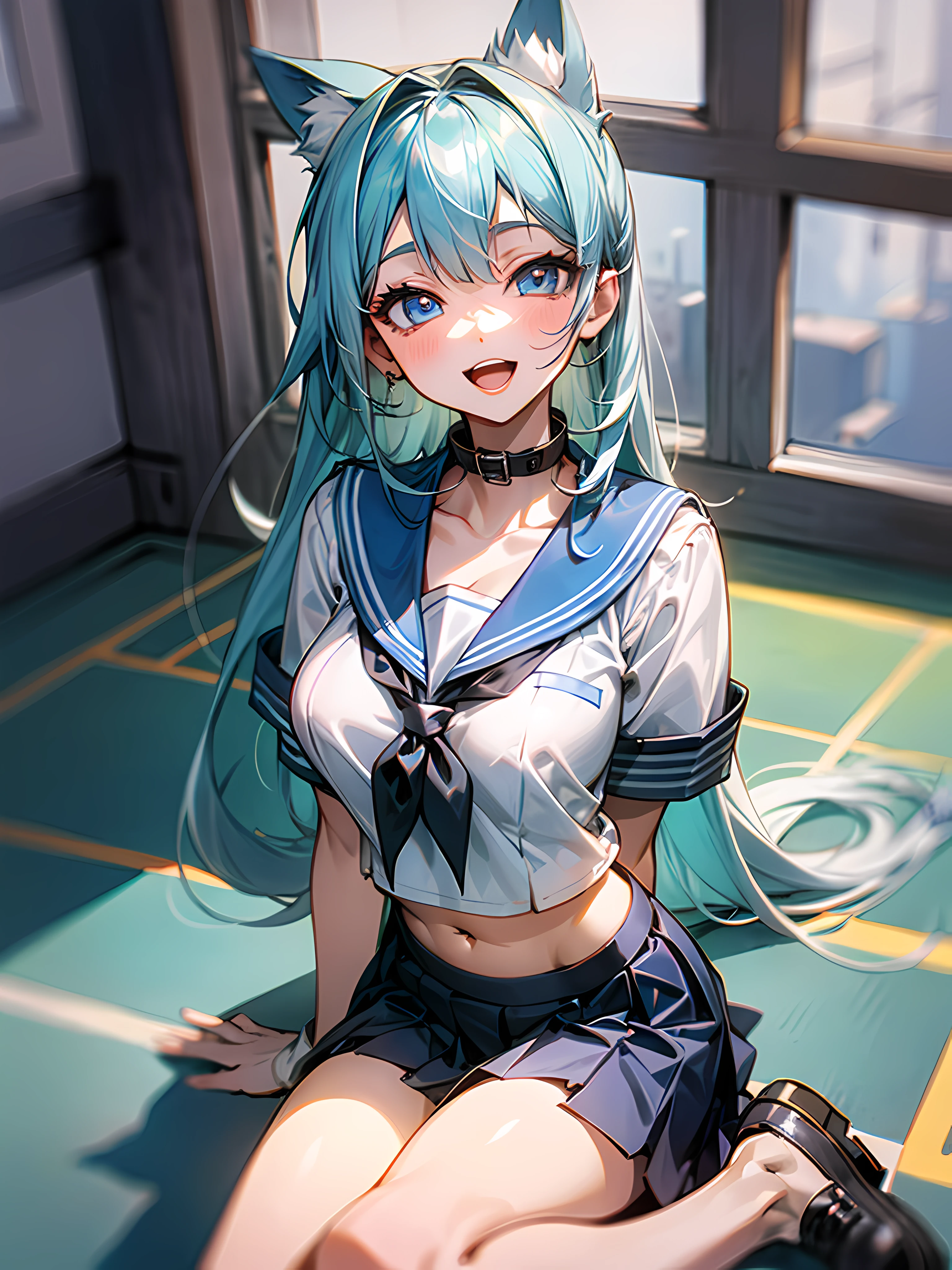 1girll, sitting down on the floor, Place your phone to your ear, Blowing hair, Long hair, blue color eyes,Shining eyes,Detailed eyes,Skirt, Solo, upper legs, Sailor school uniform, navel, Pleated skirt, midriff, Blue eyes, White shirt, Collar, Smile, Medium breasts, view the viewer, Open mouth,,Large breasts,