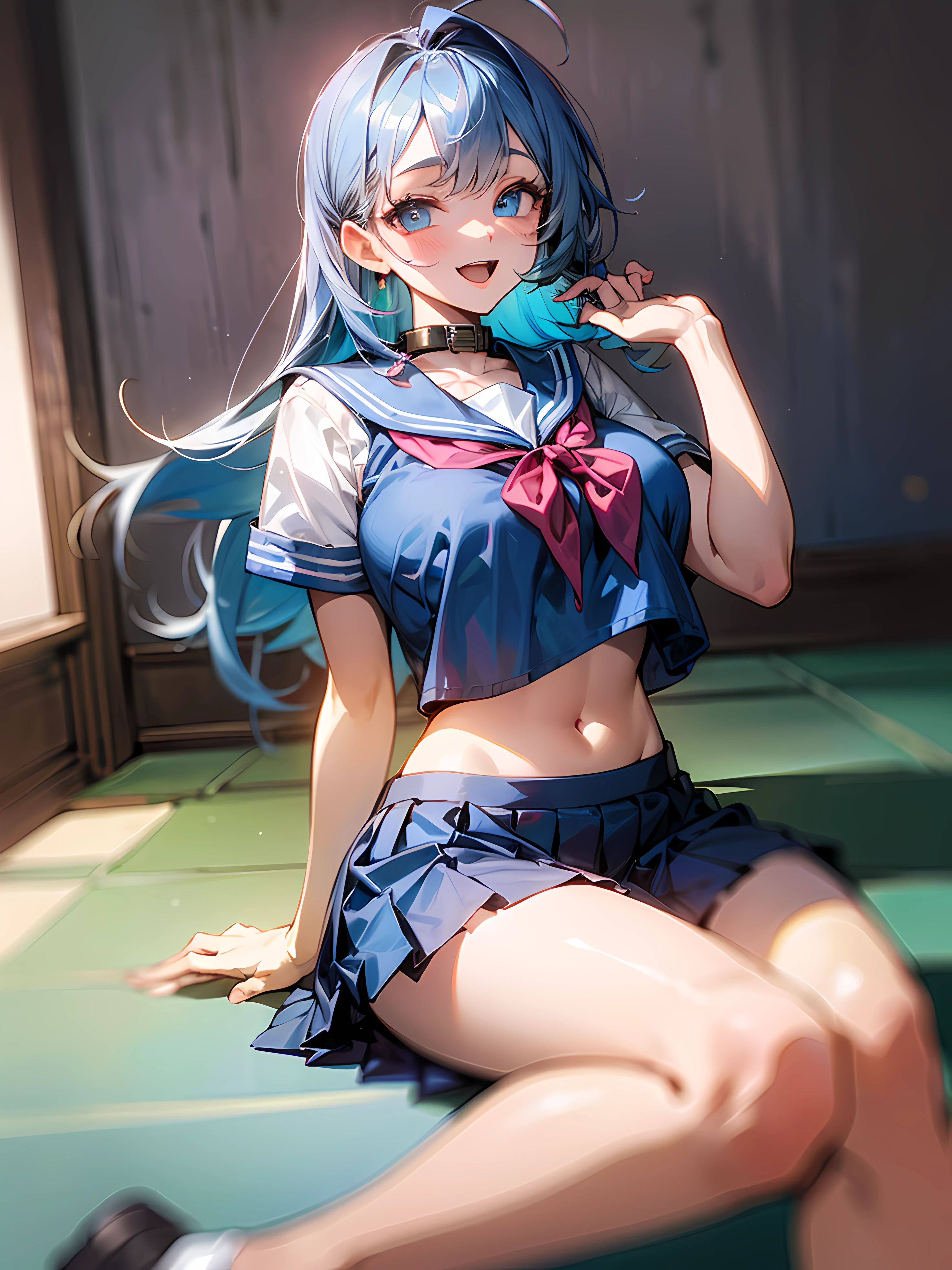1girll, sitting down on the floor, Place your phone to your ear, Blowing hair, Long hair, blue color eyes,Shining eyes,Detailed eyes,Skirt, Solo, upper legs, Sailor school uniform, navel, Pleated skirt, midriff, Blue eyes, White shirt, Collar, Smile, Medium breasts, view the viewer, Open mouth,,Large breasts,
