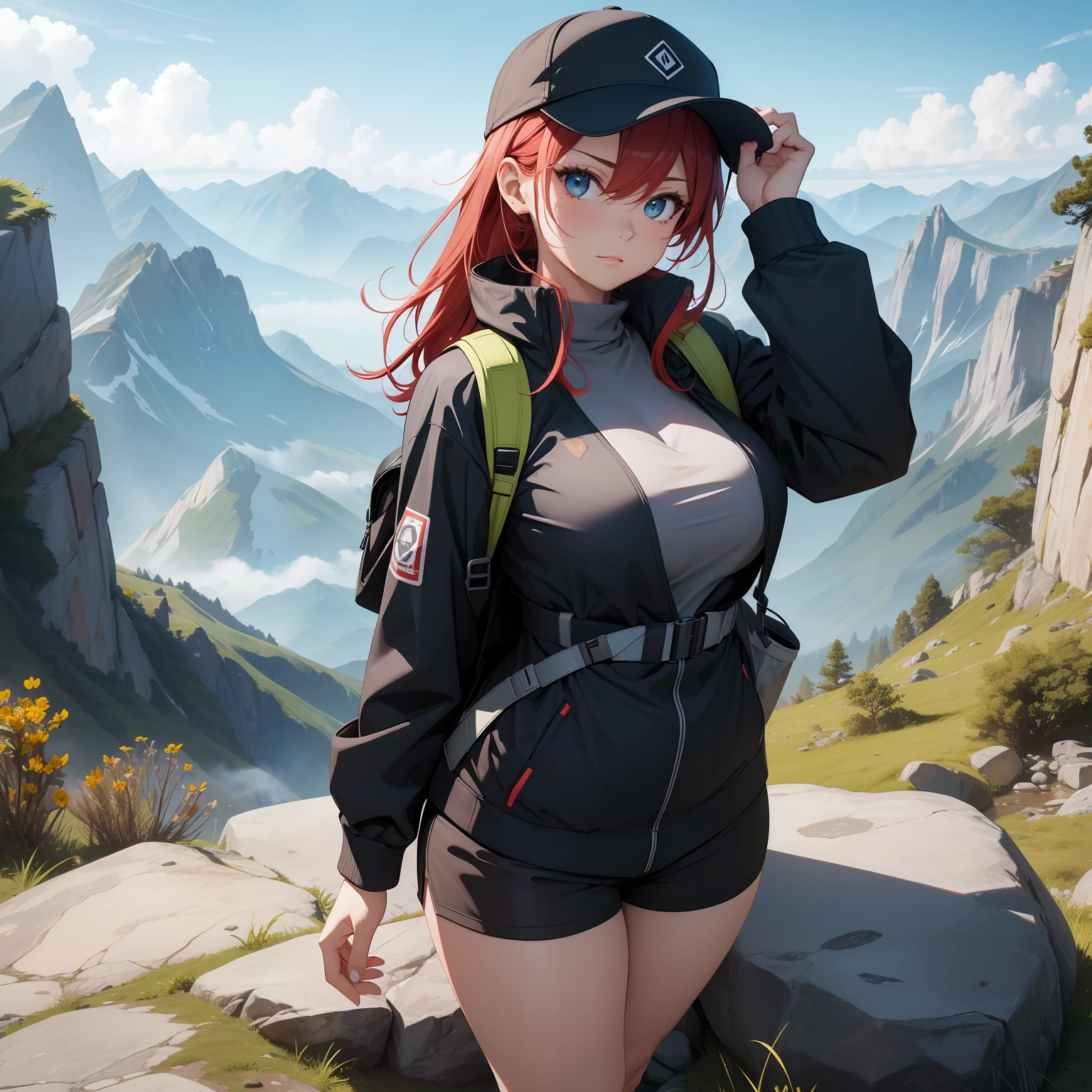 (masterpiece, best quality, ultra HD, 8k, wallpaper), cinematic view, full body view, front view, red hair, perfect body, perfect anatomy, curvaceous, alluring, perfect hands, perfect eyes, detailed eyes, large breasts, long round legs, round ass, a tenacious female mountain hiker, aged in her late 20s or early 30s, stands proudly on a rocky outcrop amidst a breathtaking, rugged mountain landscape, she sports a functional yet stylish ensemble, including a high-performance, waterproof hiking jacket in earthy tones, a comfortable moisture-wicking shirt that slightly shows her cleavage, durable hiking shorts, sturdy ankle-high boots, and a compact backpack equipped with a hydration system, completing her outfit are a sporty cap, sunglasses, and a wristwatch, the magnificent mountain range in the background, shrouded in mist and cloaked with lush greenery, adds an untouched beauty of nature to the scene, amongst rugged rocks and colorful wildflowers in the foreground, she conquers the rocky peak, evoking a sense of wonder, determination, and serenity