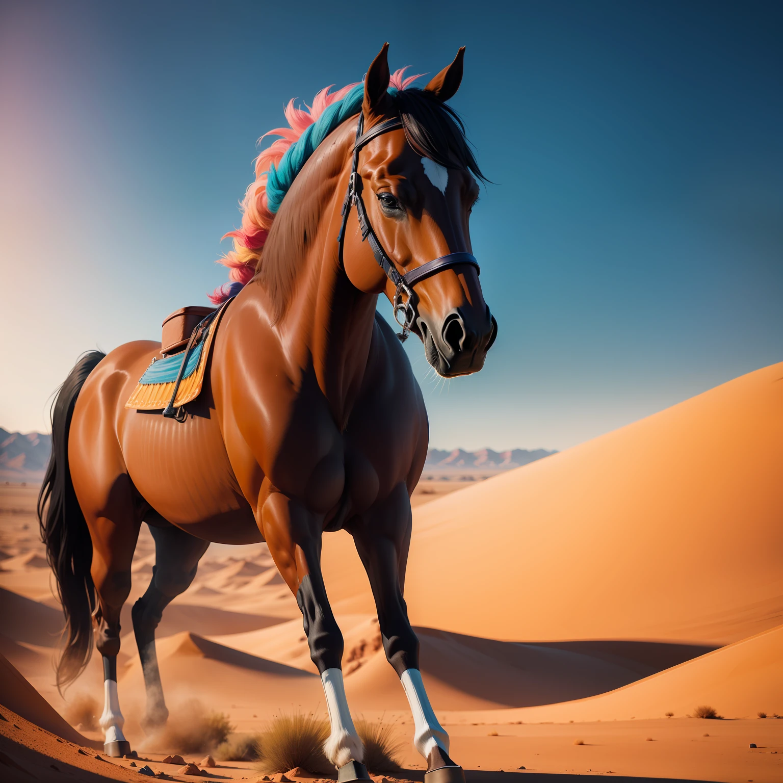 Colorful horse in the desert, ultra detailed,ultra realistic,Adobe lightroom
