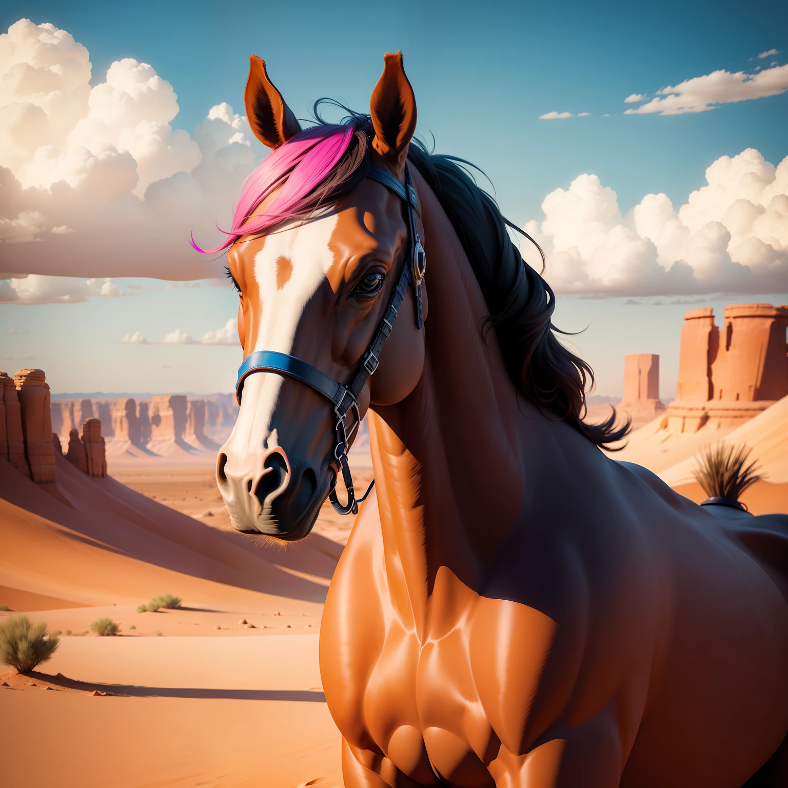 Colorful horse in the desert, ultra detailed,ultra realistic,Adobe lightroom