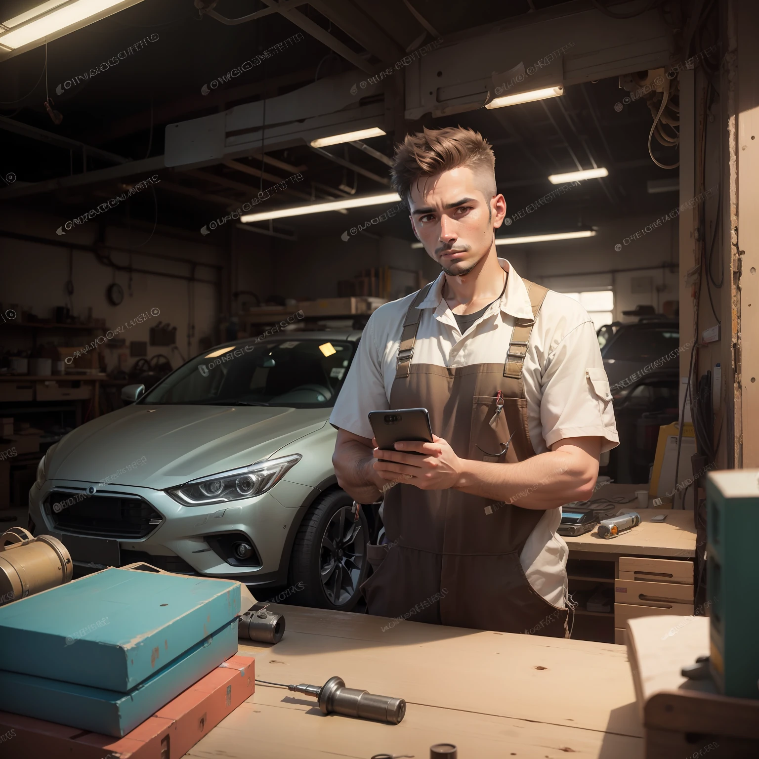 mechanic inside the workshop looking for car parts on the phone looking at camera