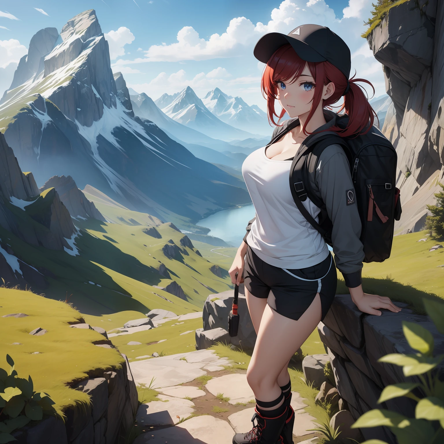 (masterpiece, best quality, ultra HD, 8k, wallpaper), cinematic view, full body view, front view, red hair, perfect body, perfect anatomy, curvaceous, alluring, perfect hands, perfect eyes, detailed eyes, large breasts, long round legs, round ass, a tenacious female mountain hiker, aged in her late 20s or early 30s, stands proudly on a rocky outcrop amidst a breathtaking, rugged mountain landscape, she sports a functional yet stylish ensemble, including a high-performance, waterproof hiking jacket in earthy tones, a comfortable moisture-wicking shirt that slightly shows her cleavage, durable hiking shorts, sturdy ankle-high boots, and a compact backpack equipped with a hydration system, completing her outfit are a sporty cap, sunglasses, and a wristwatch, the magnificent mountain range in the background, shrouded in mist and cloaked with lush greenery, adds an untouched beauty of nature to the scene, amongst rugged rocks and colorful wildflowers in the foreground, she conquers the rocky peak, evoking a sense of wonder, determination, and serenity