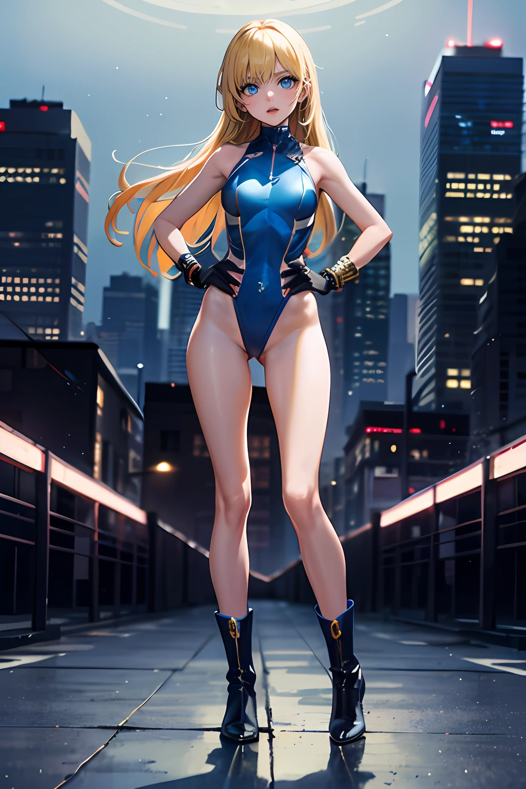 masterpiece, best quality, highres, 1girl, solo, superhero, leotard, bare legs, boots, matching boots, aura, blue aura, sleeveless, gloves, bracelets, matching gloves, looking at viewer, light particles, city backdrop, perfect hands, perfect eyes, powering up, perfect leotard, perfect legs, perfect arms, perfect fingers, blue and white leotard, blonde hair, blue eyes, medium breasts, long hair, standing, hands on hip, full body, power