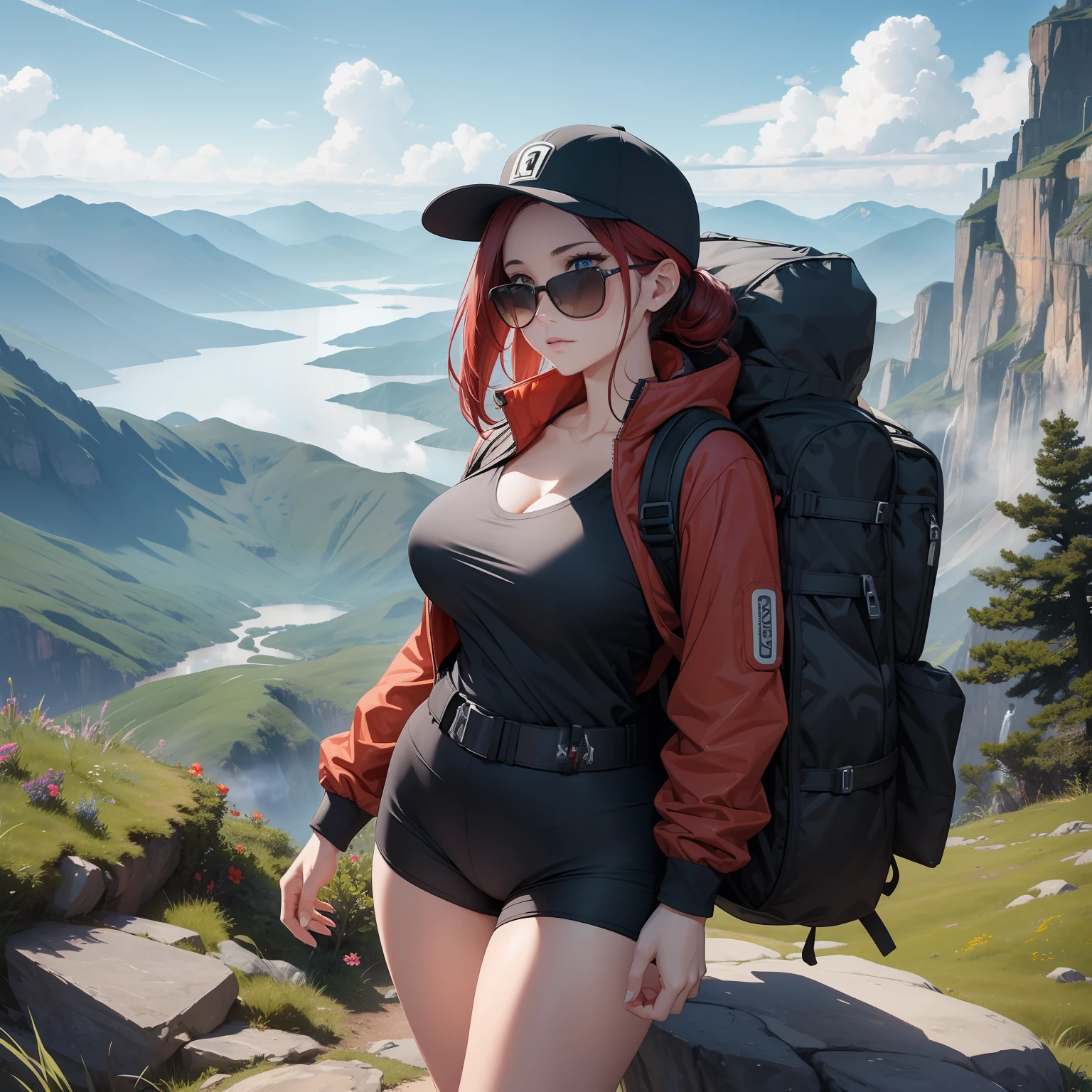 (masterpiece, best quality, ultra HD, 8k, wallpaper), cinematic view, full body view, front view, red hair, perfect body, perfect anatomy, curvaceous, alluring, perfect hands, perfect eyes, detailed eyes, large breasts, long round legs, round ass, a tenacious female mountain hiker, aged in her late 20s or early 30s, stands proudly on a rocky outcrop amidst a breathtaking, rugged mountain landscape, she sports a functional yet stylish ensemble, including a high-performance, waterproof hiking jacket in earthy tones, a comfortable moisture-wicking shirt that slightly shows her cleavage, durable hiking shorts, sturdy ankle-high boots, and a compact backpack equipped with a hydration system, completing her outfit are a sporty cap, sunglasses, and a wristwatch, the magnificent mountain range in the background, shrouded in mist and cloaked with lush greenery, adds an untouched beauty of nature to the scene, amongst rugged rocks and colorful wildflowers in the foreground, she conquers the rocky peak, evoking a sense of wonder, determination, and serenity