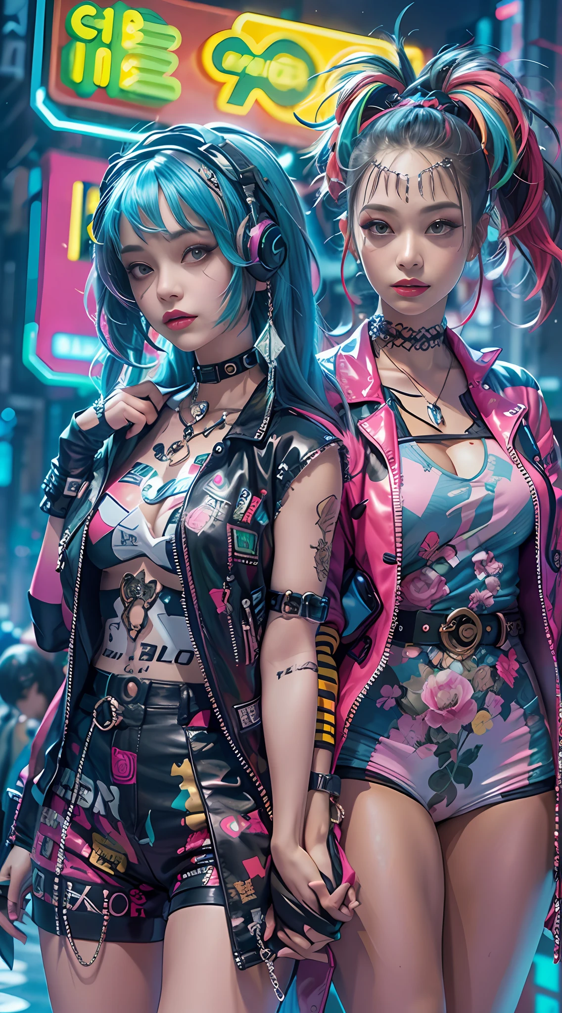 masterpiece, best quality, 2 confident cyberpunk girls holding hands, Harajuku-inspired pop outfit, bold colors and patterns, eye-catching accessories, trendy and innovative hairstyle, vibrant makeup, Cyberpunk dazzling cityscape, skyscrapers, neon signs, LED lights, bright and vivid color scheme, anime, illustration, detailed skin texture, detailed cloth texture, beautiful detailed face, intricate details, ultra detailed.