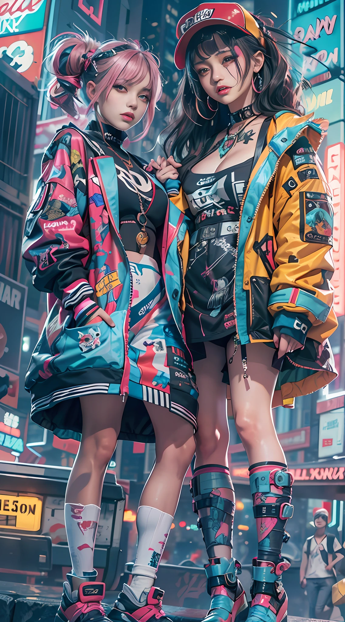 masterpiece, best quality, 2 confident cyberpunk girls holding hands, Harajuku-inspired pop outfit, bold colors and patterns, eye-catching accessories, trendy and innovative hairstyle, vibrant makeup, Cyberpunk dazzling cityscape, skyscrapers, neon signs, LED lights, bright and vivid color scheme, anime, illustration, detailed skin texture, detailed cloth texture, beautiful detailed face, intricate details, ultra detailed.