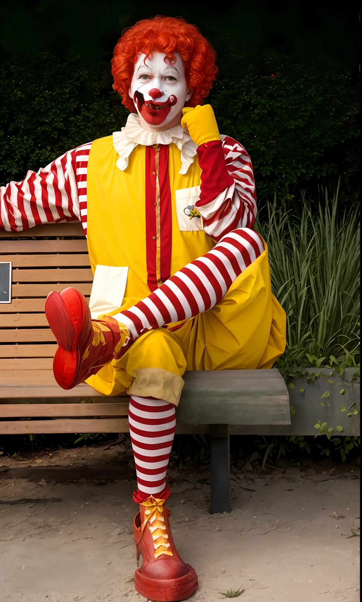 clown dressed in red wig and striped shirt of clown ronald mcdonalds, clown painted face, sentado em um banco, ronald mcdonald, Imagem de Ronald McDonald, Ronald McDonald como um Muppet, pauline hanson as a clown, Penteado vermelho Ronald McDonald, red ronald mcdonald messy hair, Cabelo vermelho de Ronald McDonald, capitalist clown, Mcdonald, wearing accurate clown makeup, communist clown, Stephen King como Pennywise, the clown is far from the camera, sharp facial features