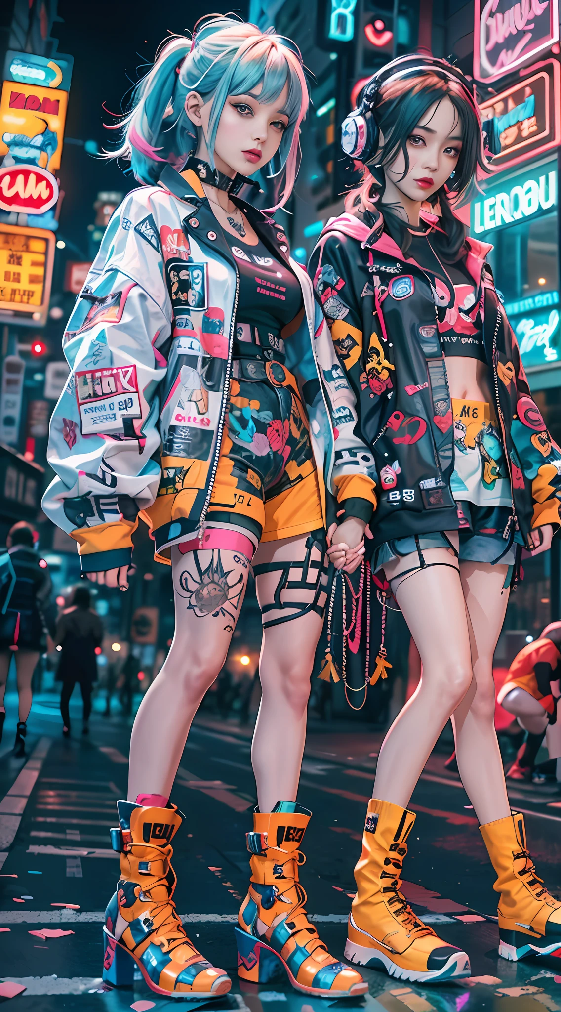 masterpiece, best quality, 2 confident cyberpunk girls holding hands, Harajuku-inspired pop outfit, bold colors and patterns, eye-catching accessories, trendy and innovative hairstyle, vibrant makeup, Cyberpunk dazzling cityscape, skyscrapers, neon signs, LED lights, bright and vivid color scheme, anime, illustration, detailed skin texture, detailed cloth texture, beautiful detailed face, intricate details, ultra detailed.