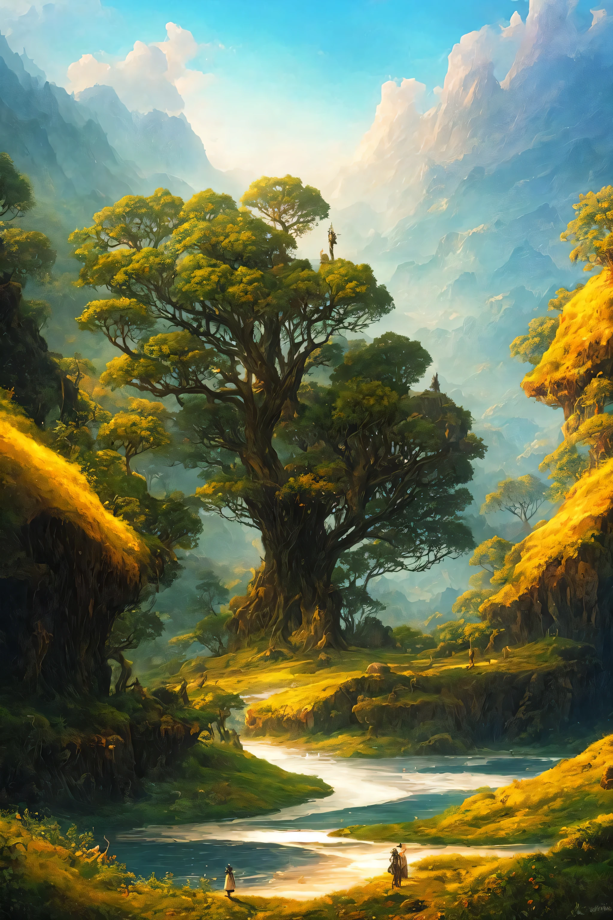 a mystical and epic landscape, featuring a fantastical and surreal world of floating islands, giant trees, mythical creatures, that transport the viewer to a world of imagination and wonder, artstation, digital art, intricate, trending, bright colors