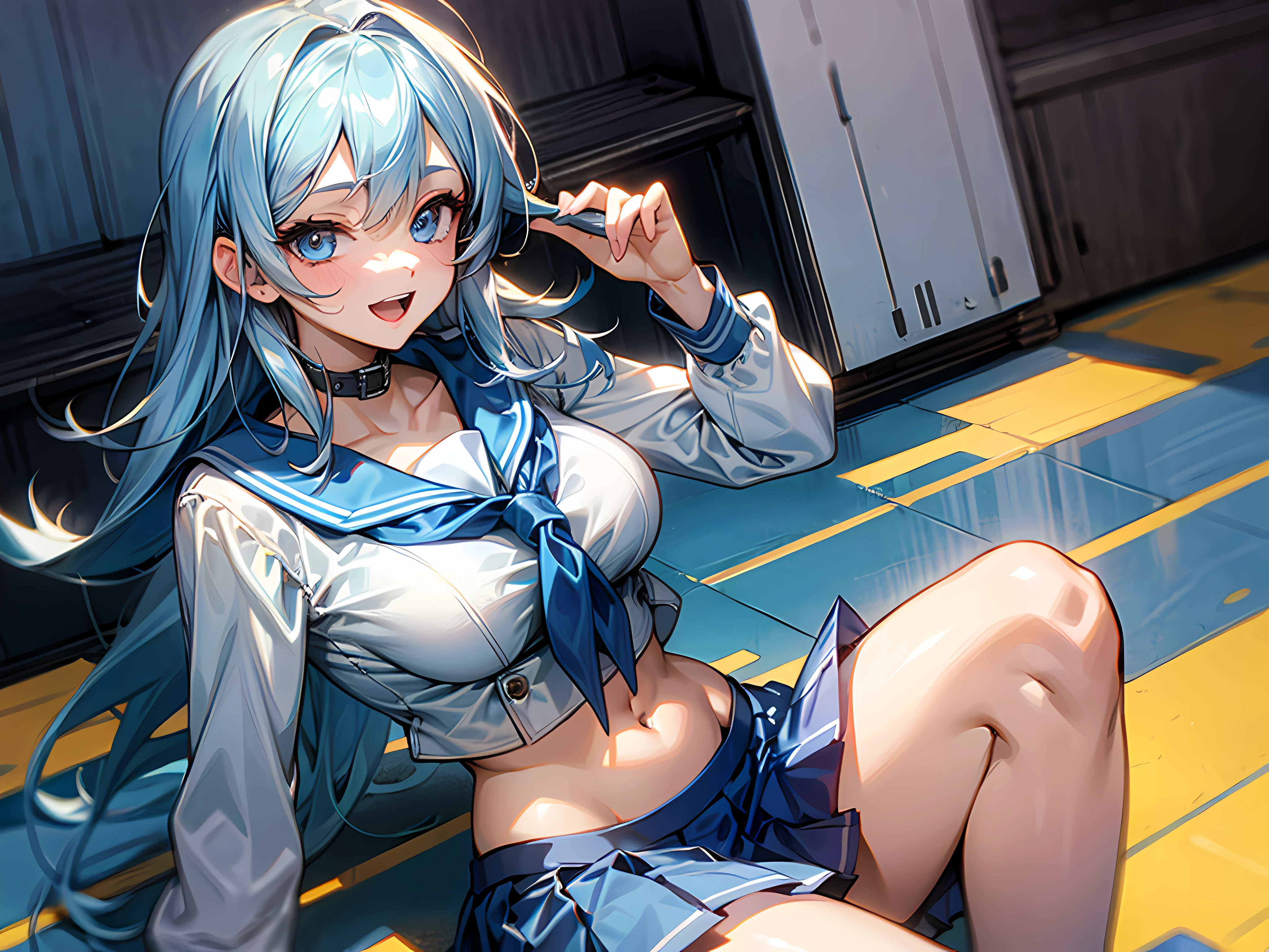 1girll, sitting down on the floor, Place your phone to your ear, Blowing hair, Long hair, blue color eyes,Shining eyes,Detailed eyes,Skirt, Solo, upper legs, Sailor school uniform, navel, Pleated skirt, midriff, Blue eyes, White shirt, Collar, Smile, Medium breasts, view the viewer, Open mouth,,Large breasts,