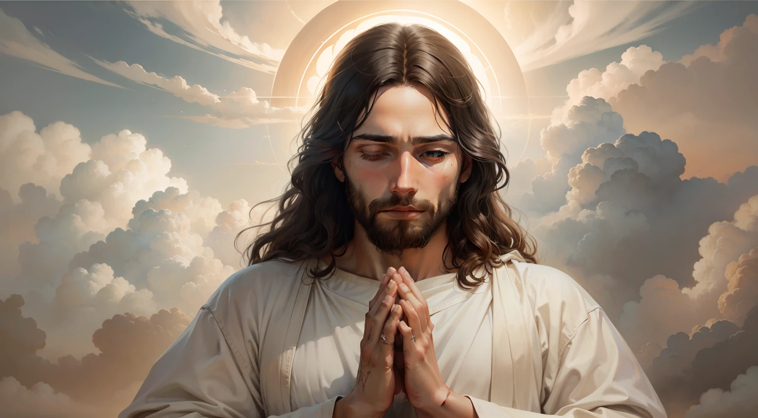 [a realistic painting of Jesus with his hands in a prayer position, com asas, amid the clouds of the sky]