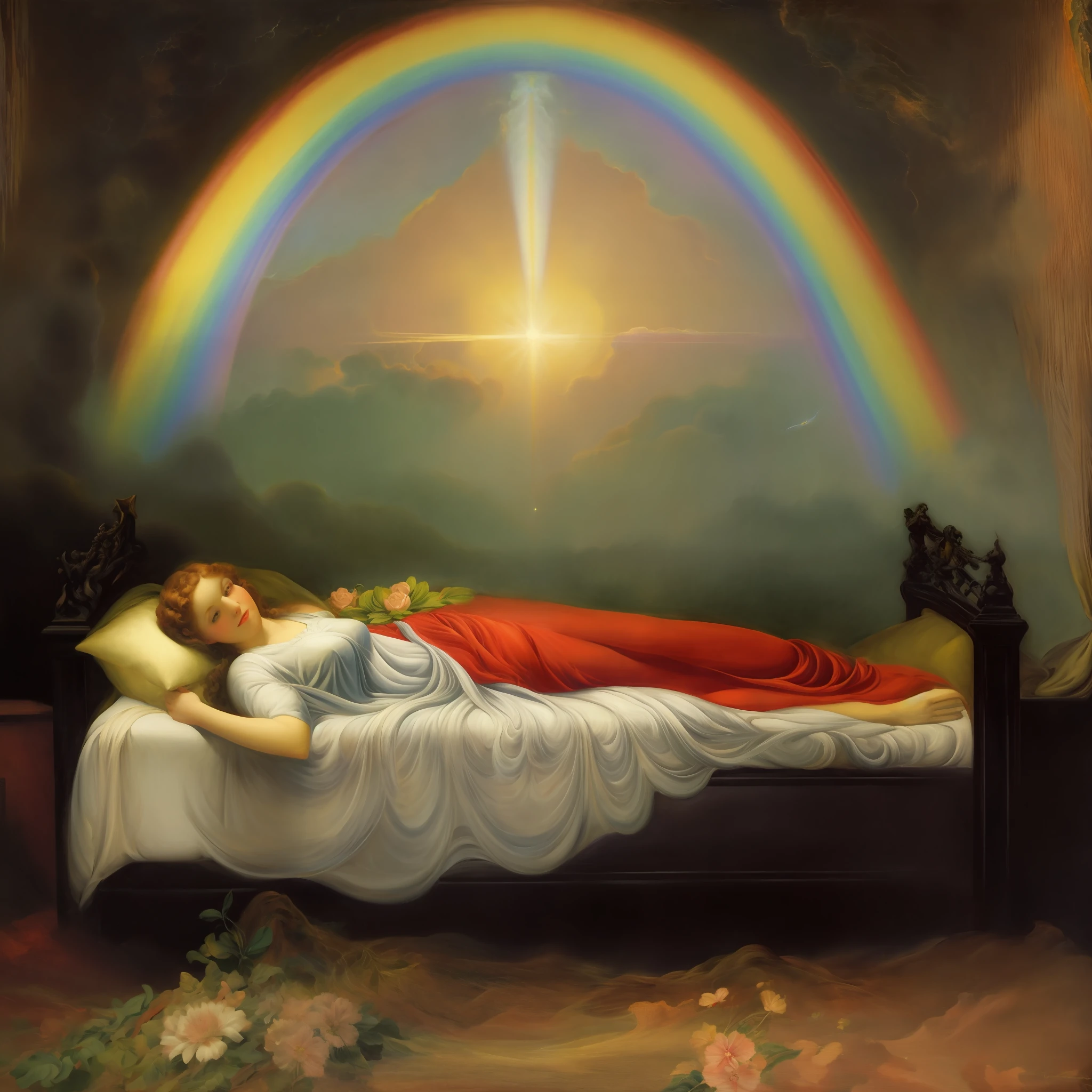 a painting of a woman laying on a bed with a rainbow in the background, by William Blake, william blake and repin, inspired by William Blake, the three marys at the sepulchre, still of rainbow ophanim, beautiful depiction, ethereal rainbows, by Gustav Doré, william blake art exhibit, gustave dore' background, by Gustave Dore, the birth