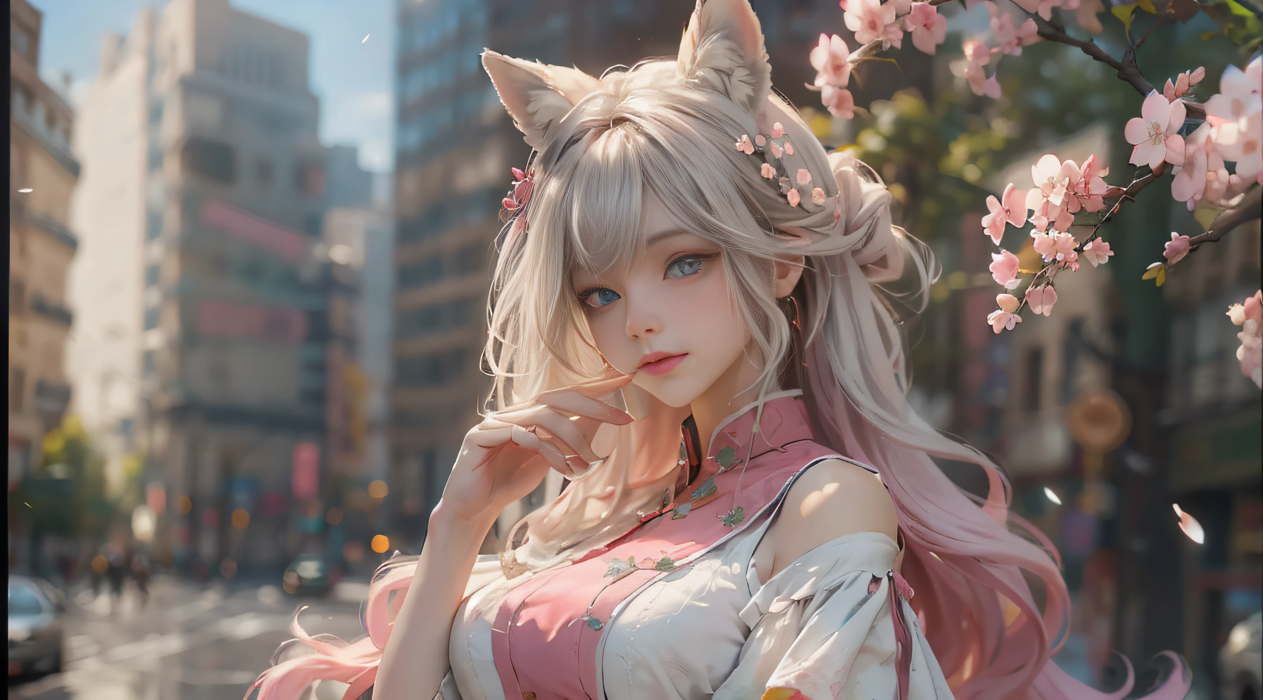 ((best qualtiy)), ((tmasterpiece)), (detail:1.4), Beautiful cyberpunk female images,hdr(HighDynamicRange),Ray traching,NVIDIA RTX,Hyper-Resolution,illusory 5,sub surface scattering,PBR textures,post-proces,Anisotropy Filtering,depth of fields,maximum definition and sharpness,Many-Layer Textures,Albedo e mapas Speculares,Surface coloring,Mitsu-Accurate simulation of material interactions,perfectly proportioned,rendering by octane,Two-colored light,largeaperture,Low ISO,White balance,Rule three points、8K raw data、Beautiful bright blue pupils,off-the-shoulder clothes,Fine pupils,Delicate face and eyes,long eyelasher,Blushlush,Delicate and fluffy hair,pink lip,Pure,Cute face,Sweet girl,Artistic sense,Casual wear,Advancedsense,butterflys,Cherry blossom petal,Beautiful hair accessories,Long hair and waist,Hair fluttering in the wind,Snow-white fox ears,curlies,Snow-white fluffy tail
