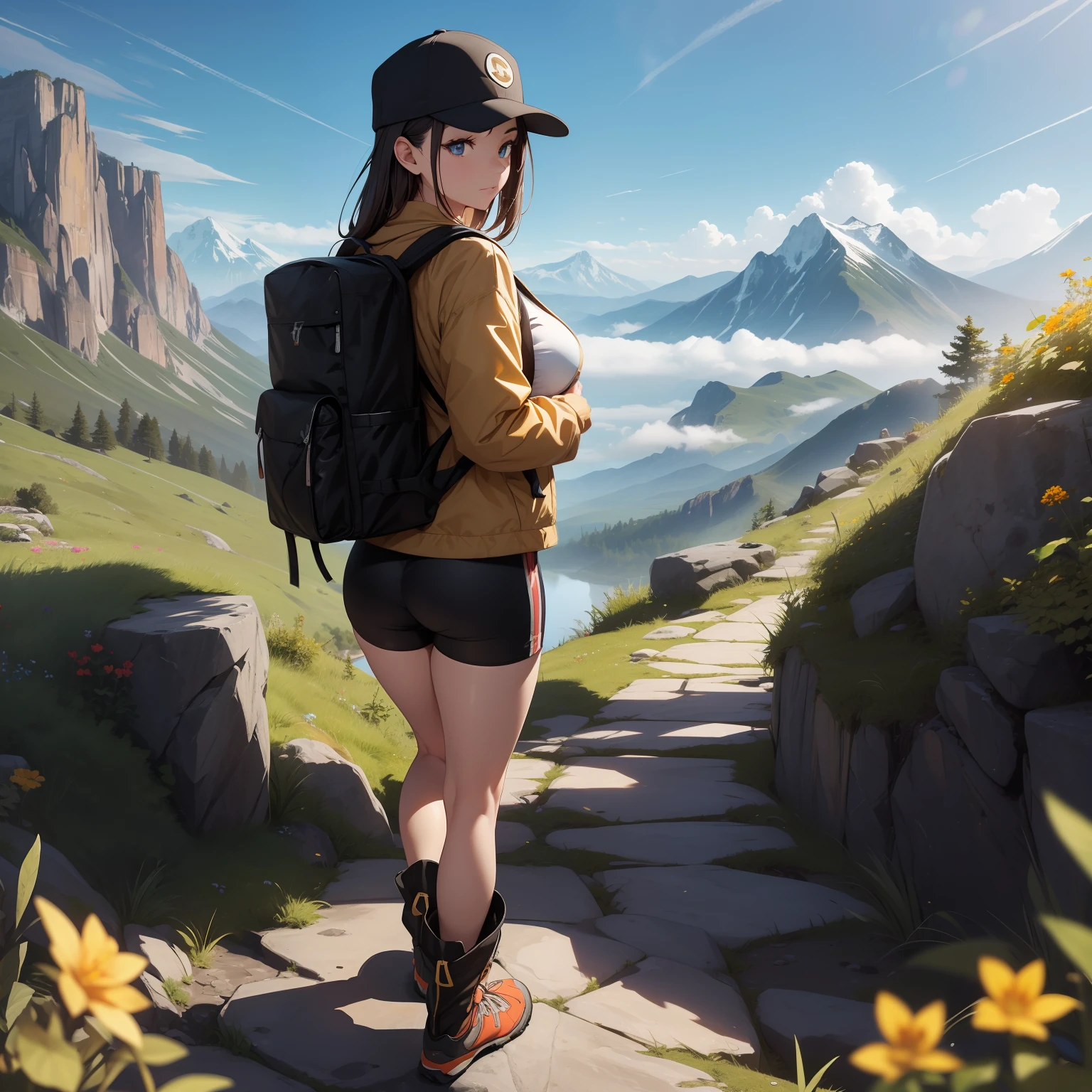 (masterpiece, best quality, ultra HD, 8k, wallpaper), cinematic view, full body view, front view, dark hair, perfect body, perfect anatomy, curvaceous, alluring, perfect hands, perfect eyes, detailed eyes, large breasts, long round legs, round ass, a tenacious female mountain hiker, aged in her late 20s or early 30s, stands proudly on a rocky outcrop amidst a breathtaking, rugged mountain landscape, she sports a functional yet stylish ensemble, including a high-performance, waterproof hiking jacket in earthy tones, a comfortable moisture-wicking shirt in a vibrant color, durable hiking shorts, sturdy ankle-high boots, and a compact backpack equipped with a hydration system, completing her outfit are a sporty cap, sunglasses, and a wristwatch, the magnificent mountain range in the background, shrouded in mist and cloaked with lush greenery, adds an untouched beauty of nature to the scene, amongst rugged rocks and colorful wildflowers in the foreground, she conquers the rocky peak, evoking a sense of wonder, determination, and serenity