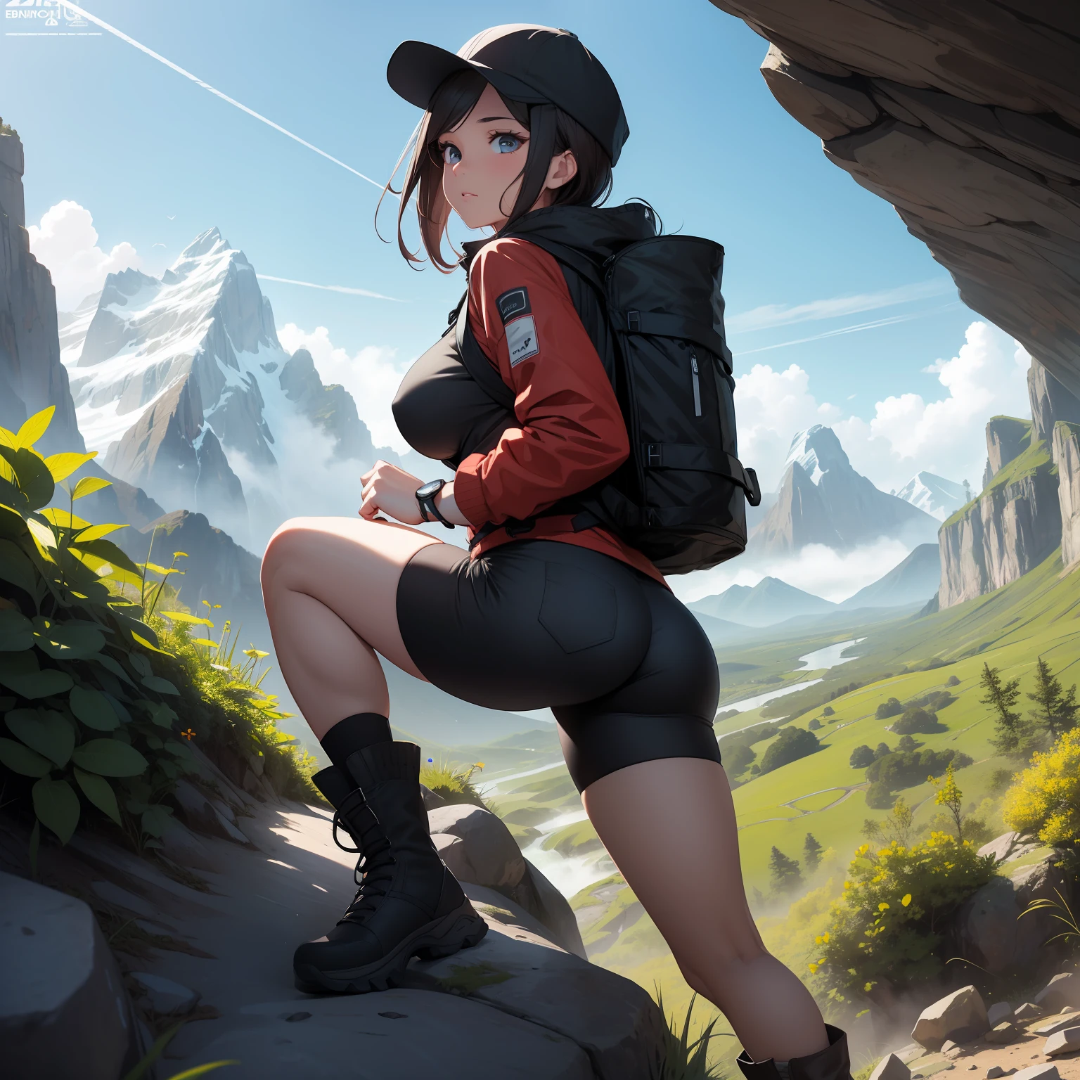 (masterpiece, best quality, ultra HD, 8k, wallpaper), cinematic view, full body view, front view, dark hair, perfect body, perfect anatomy, curvaceous, alluring, perfect hands, perfect eyes, detailed eyes, large breasts, long round legs, round ass, a tenacious female mountain hiker, aged in her late 20s or early 30s, stands proudly on a rocky outcrop amidst a breathtaking, rugged mountain landscape, she sports a functional yet stylish ensemble, including a high-performance, waterproof hiking jacket in earthy tones, a comfortable moisture-wicking shirt in a vibrant color, durable hiking shorts, sturdy ankle-high boots, and a compact backpack equipped with a hydration system, completing her outfit are a sporty cap, sunglasses, and a wristwatch, the magnificent mountain range in the background, shrouded in mist and cloaked with lush greenery, adds an untouched beauty of nature to the scene, amongst rugged rocks and colorful wildflowers in the foreground, she conquers the rocky peak, evoking a sense of wonder, determination, and serenity