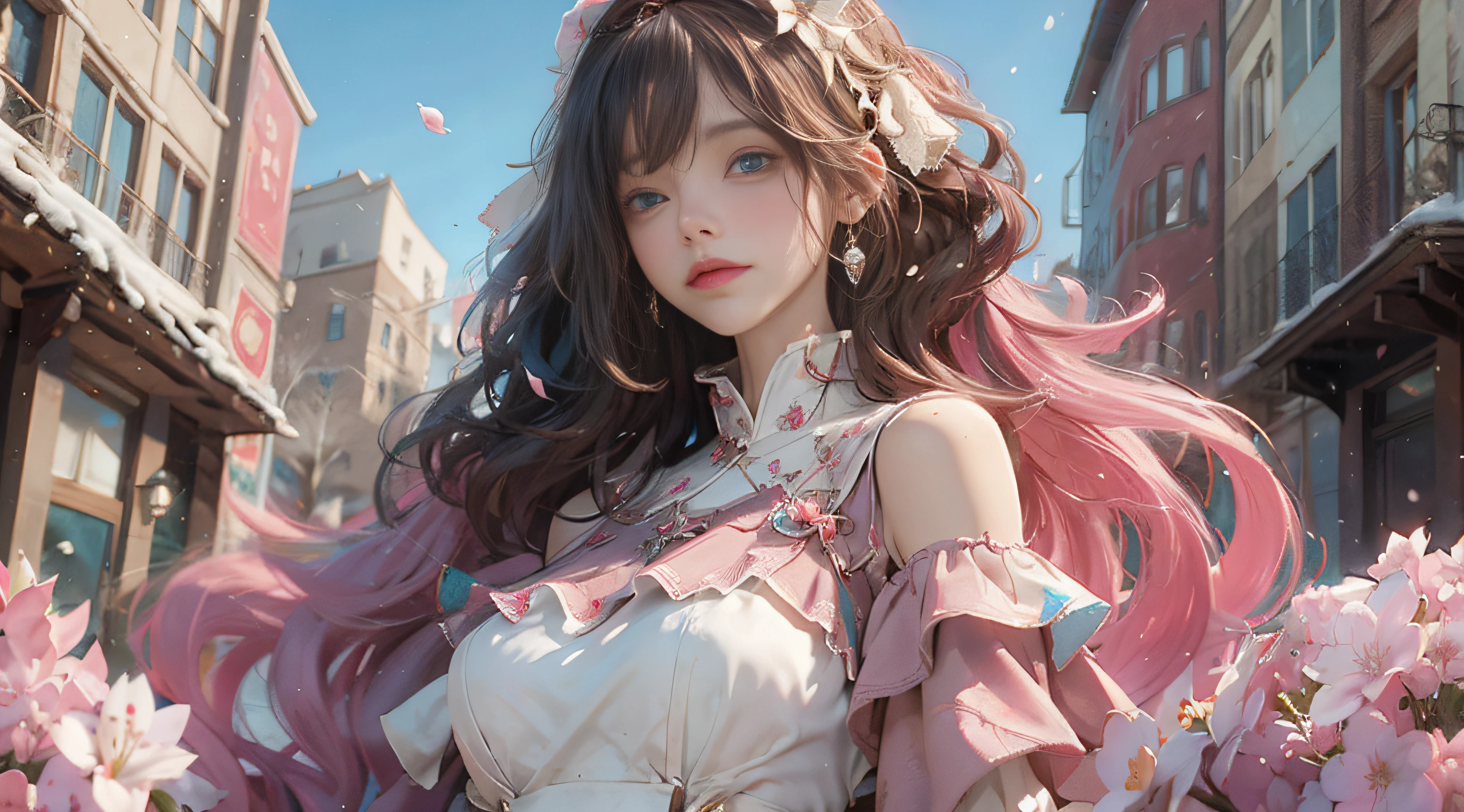 （（best qualtiy））， （（tmasterpiece））， （detail：1.4）， Beautiful cyberpunk female images，hdr（HighDynamicRange），Ray traching，NVIDIA RTX，Hyper-Resolution，illusory 5，sub surface scattering，PBR textures，post-proces，Anisotropy Filtering，depth of fields，maximum definition and sharpness，Many-Layer Textures，Albedo e mapas Speculares，Surface coloring，Mitsu-Accurate simulation of material interactions，perfectly proportioned，rendering by octane，Two-colored light，largeaperture，Low ISO，White balance，Rule three points、8K raw data、Beautiful bright blue pupils，off-the-shoulder clothes，Fine pupils，Delicate face and eyes，long eyelasher，Blushlush，Delicate and fluffy hair，pink lip，Pure，Cute face，Sweet girl，Artistic sense，Casual wear，Advancedsense，butterflys，Cherry blossom petal，Beautiful hair accessories，Long hair and waist，Hair fluttering in the wind，Snow-white fox ears，curlies，Snow-white fluffy tail