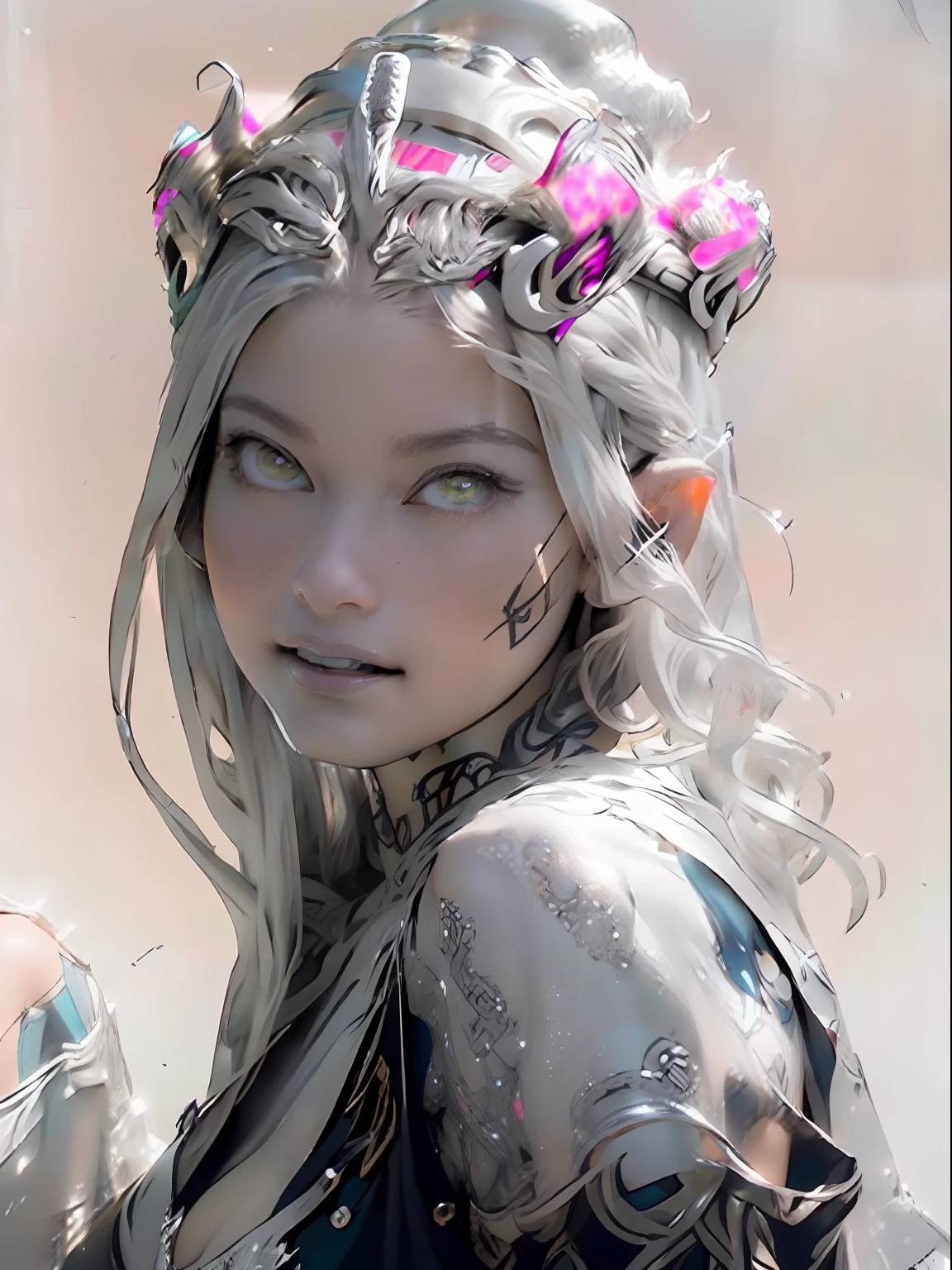 Ultra-detailed complex 3D rendering of the face, (masterpiece, top quality, octane rendering,), glamour shots full body image, very beautiful young elves, cleavage, (highly detailed skin: 1.2), (exposure: 1.1), ((blue micro bikini: 1.95)))). , 8k, (((very soft breasts)), (((conspicuous large pink areola)), beautiful Caucasian woman with white skin with full soft breasts with big buttocks, one, long braided hair, big breasts, dynamic angles, (((huge breasts: 2.4)), ultra-realistic photos, ((((((silver hair)))), futuristic urban background, facial muscles, (((((detailed and glamorous silver crown)))), In the style of Marvel Comics, ArtStation Trends, Clear Focus, Intricate Details, Very Detailed, Detailed Green Eyes, Sharp Focus, Digital Rendering, Professional, Abs, Lip Gloss, Glossy Skin, Sexy Pose, Golden Tattoo All Over Body, Silver Pattern All Over Body, Silver Lame Skin, Gold Glitter Skin, Mansuji, Buttocks, Jeweled All Over the Body, with silver scales, silver hair,