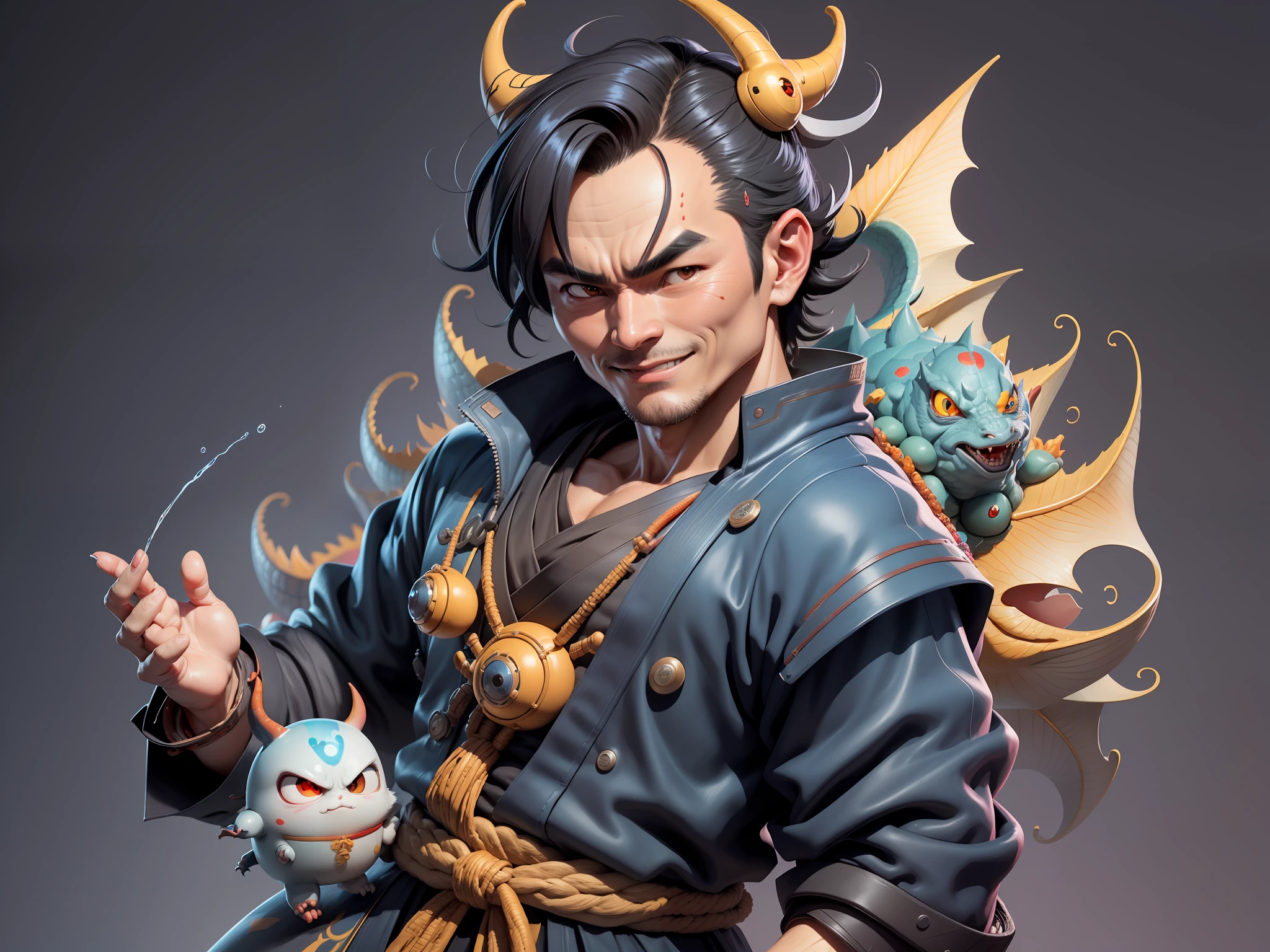 (Daisaku),(Need),(Super meticulous),(full bodyesbian:1.2),Super young man with Japanese geisha,Beautiful,Oriental dragon,Aeolian Thor,Raised sexy,爆乳,Oriental face,TV Anchor,Bust portrait illustration,In black suit,a blue tie,The face is slightly chubby,The face was clean,without a beard,Black super short hair,Black eyes,Smile confidently,3C computer sub-products,iPad, iphone,Digital painting,3D character design by Mark Clairen and Pixar and Hayao Miyazaki and Akira Toriyama,The illustration is a high-definition illustration in 4K resolution,With very detailed facial features and cartoon-style visuals。