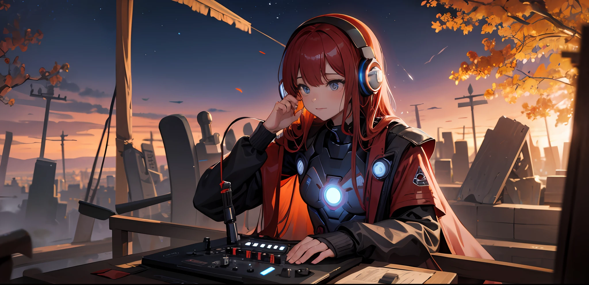 sacerdote budista con una mascara de iron man mezclando musica en una tornamesa de dj, en un rincon de un bosque mientras soldados combaten en la tercera guerra mundial disparos explosiones,metralletas soldados disparando a aviones y drones que disparan foto ultradetallada --auto