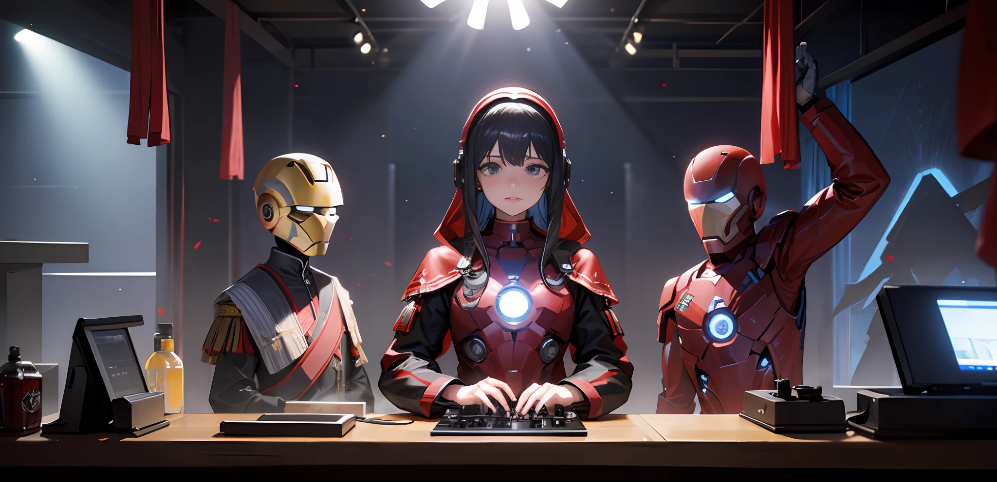 sacerdote budista con una mascara de iron man mezclando musica en una tornamesa de dj, en un rincon de un bosque mientras soldados combaten en la tercera guerra mundial disparos explosiones,metralletas soldados disparando a aviones y drones que disparan foto ultradetallada --auto