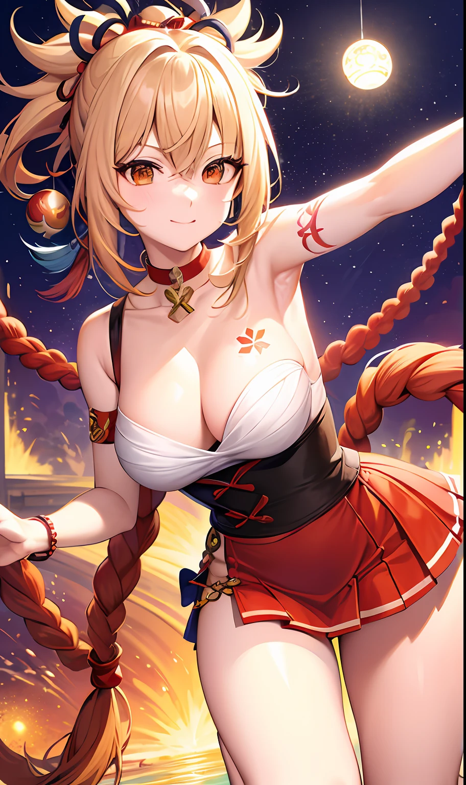 ((tmasterpiece)), (best qualtiy:1.7), (A detailed:1.4), (A high resolution:1.4), 8k, (a color:1.5), 2D, A high resolution, Sharp images, 4K, k hd, yoimiya(genshinimpact), Next round, nail polish, Tattooed with, red necklace, arm support, hair between eye, choker necklace, vision(genshin impact), blond hairbl, 鎖骨, Blushlush, super giant breast, Hand up, upper legs, flower tattoo, Arashi, chest sarashi,orange eyes, Orange nails, 独奏, arm tattoos, Keep one's mouth shut, pony tails, jewely, ssmile, hair adornments, Hadanuji Daosa, 1girll, chest tattoo, full bodyesbian, spheres, suns, (((lake))), ((grassy)), blossoms, shoulder off, standing on your feet,swim wears