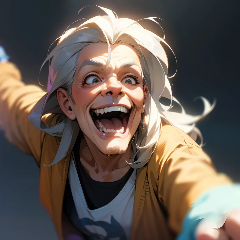 dynamic scene. The crazy old ufoman laughs, smiles and walks straight at you with outstretched arms. Tousled long gray hair sticking out in all directions. Dirty and old clothes. Warm pastel washed out colors. Close-up Disney Pixar Cartoon style Photorealistic Cinematic. Dark Blurred background Fantasy Light haze --auto --s2