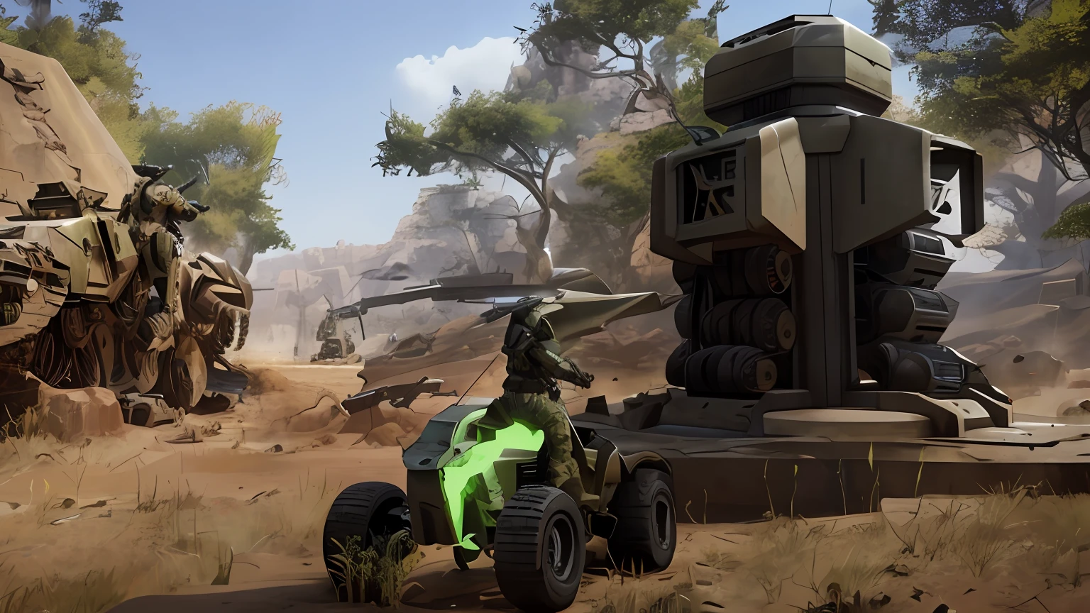 Alafard motorcycle parked in front of a monument in the field, video game screenshot>, Halo warthog, pc screenshot, PS 4 screenshot, ps 3 screenshot, hd 4k game screenshot, mad max battlemech, hawken, discarded mech in background, hd screenshot, gameplay screenshot with ui, satisfactory screenshot, gameplay still, high quality screenshot