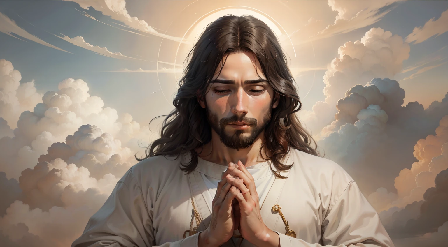 [a realistic painting of Jesus with his hands in a prayer position, com asas, amid the clouds of the sky]
