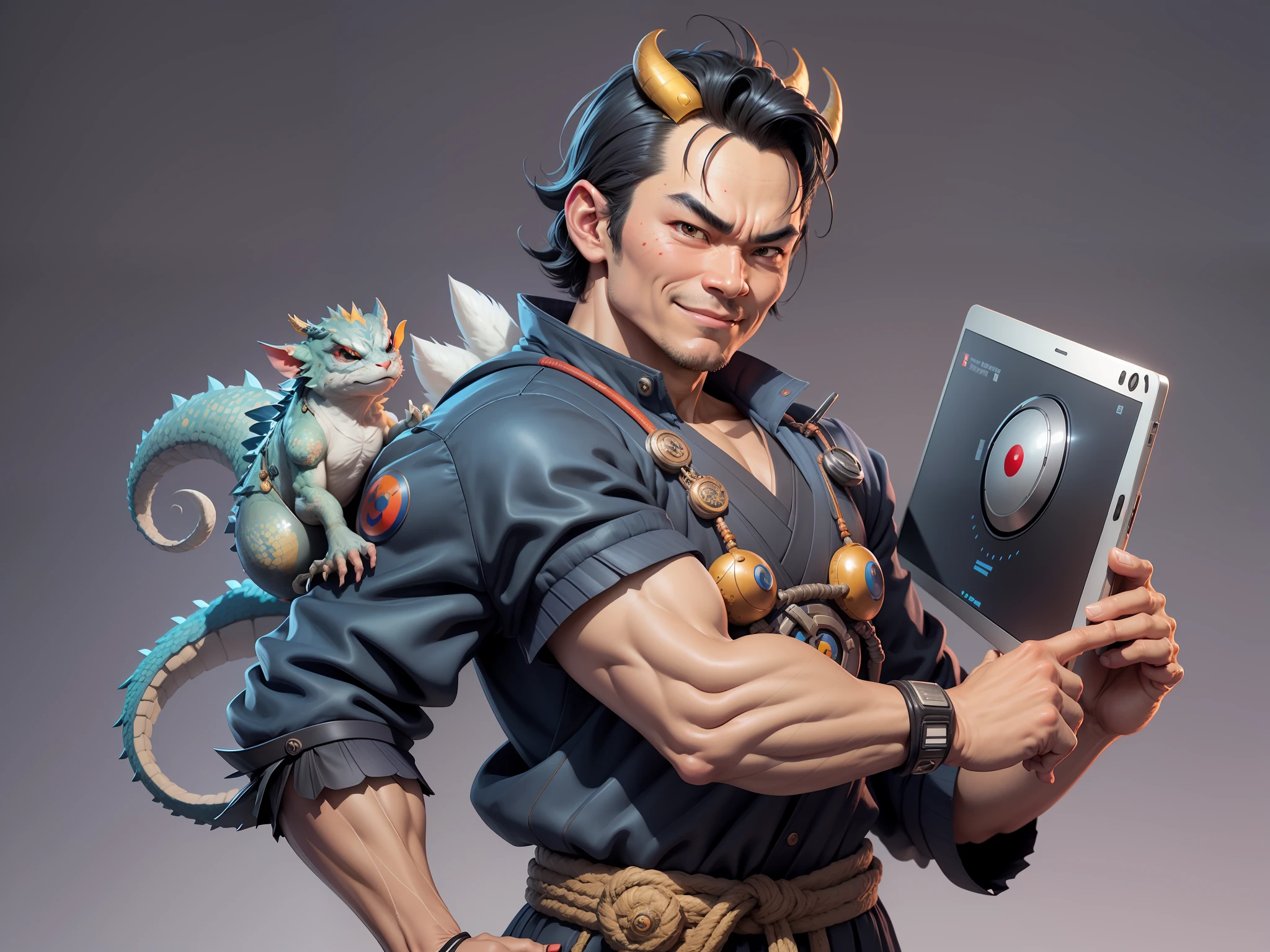 (Daisaku),(Need),(Super meticulous),(full bodyesbian:1.2),Super young man with Japanese geisha,Beautiful,Oriental dragon,Aeolian Thor,Raised sexy,爆乳,Oriental face,TV Anchor,Bust portrait illustration,In black suit,a blue tie,The face is slightly chubby,The face was clean,without a beard,Black super short hair,Black eyes,Smile confidently,3C computer sub-products,iPad, iphone,Digital painting,3D character design by Mark Clairen and Pixar and Hayao Miyazaki and Akira Toriyama,The illustration is a high-definition illustration in 4K resolution,With very detailed facial features and cartoon-style visuals。