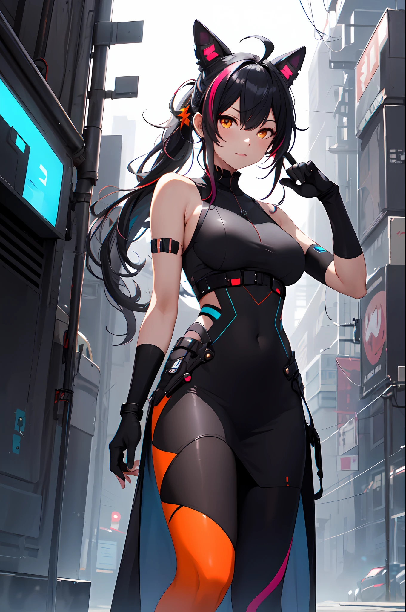 1girl,ahoge,bare shoulders,black gloves,black hair,breasts,elbow gloves,floating hair,gloves,hair ornament,long hair,looking at viewer,medium breasts,night,orange eyes,outdoors,partially fingerless gloves,sleeveless,sleeveless shirt,solo,v-shaped eyebrows,very long hair,leggings ,black hair,ponytail,multicolored hair,streaked hair,futuristic,cyberpunk,sakifuwa, very long skirt