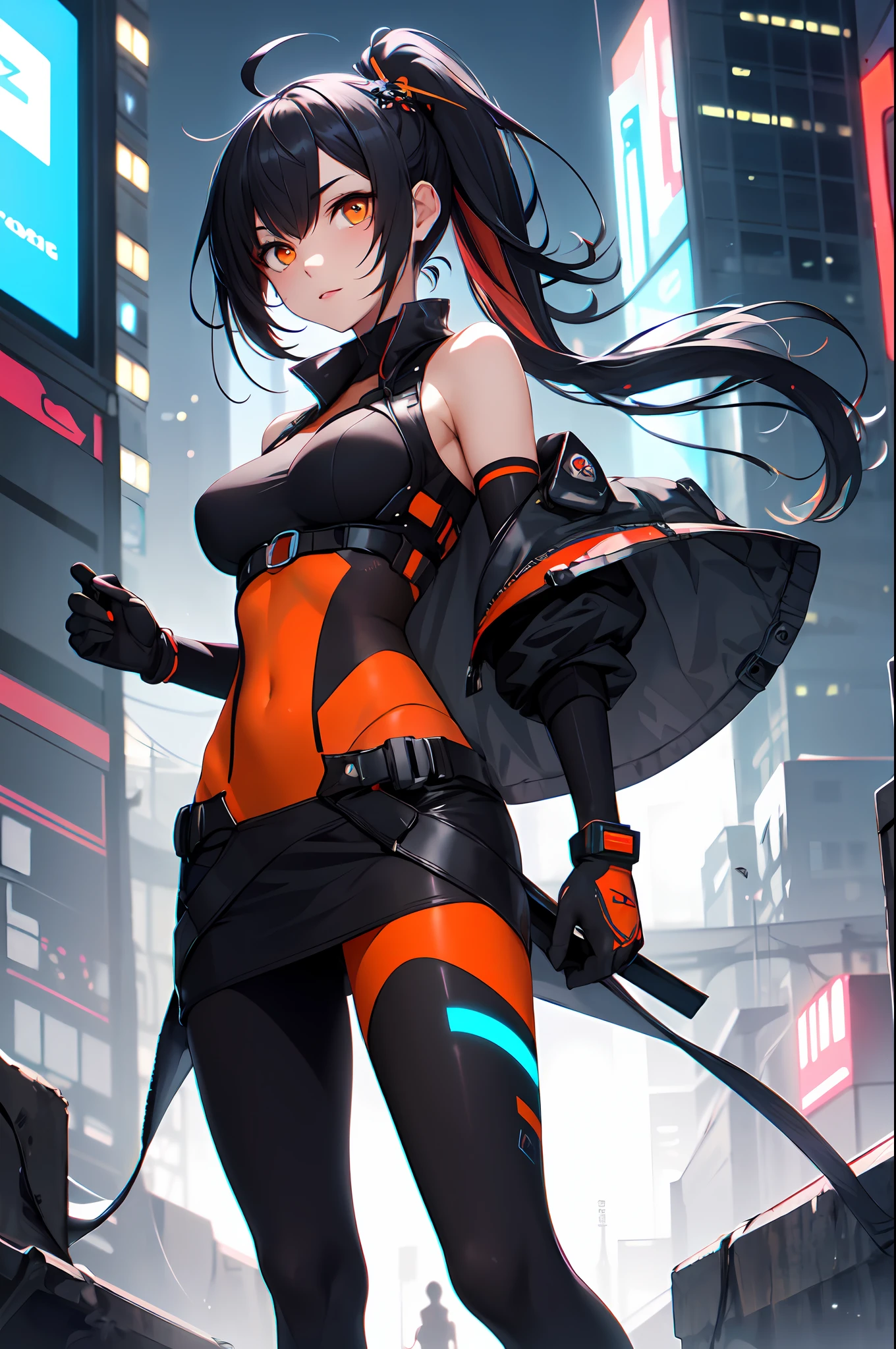 1girl,ahoge,bare shoulders,black gloves,black hair,breasts,elbow gloves,floating hair,gloves,hair ornament,long hair,looking at viewer,medium breasts,night,orange eyes,outdoors,partially fingerless gloves,sleeveless,sleeveless shirt,solo,v-shaped eyebrows,very long hair,leggings ,black hair,ponytail,multicolored hair,streaked hair,futuristic,cyberpunk,sakifuwa, very long skirt
